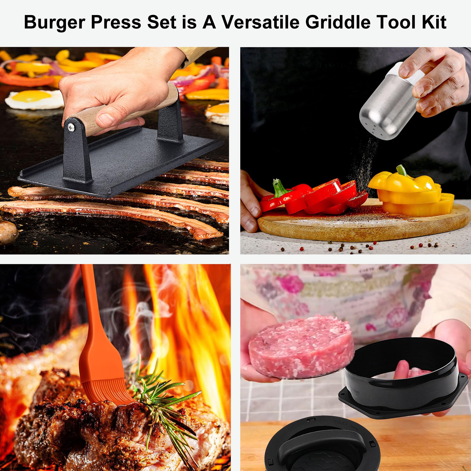 POLIGO 5PCS Smash Burger Press Kit - 4 in 1 Hamburger Patty Storage Containers, 7.68"X4.1" Cast Iron Smash Bacon Press - Non Stick Smash Burger Press Set for Grill and Griddle Cooking, Rectangle