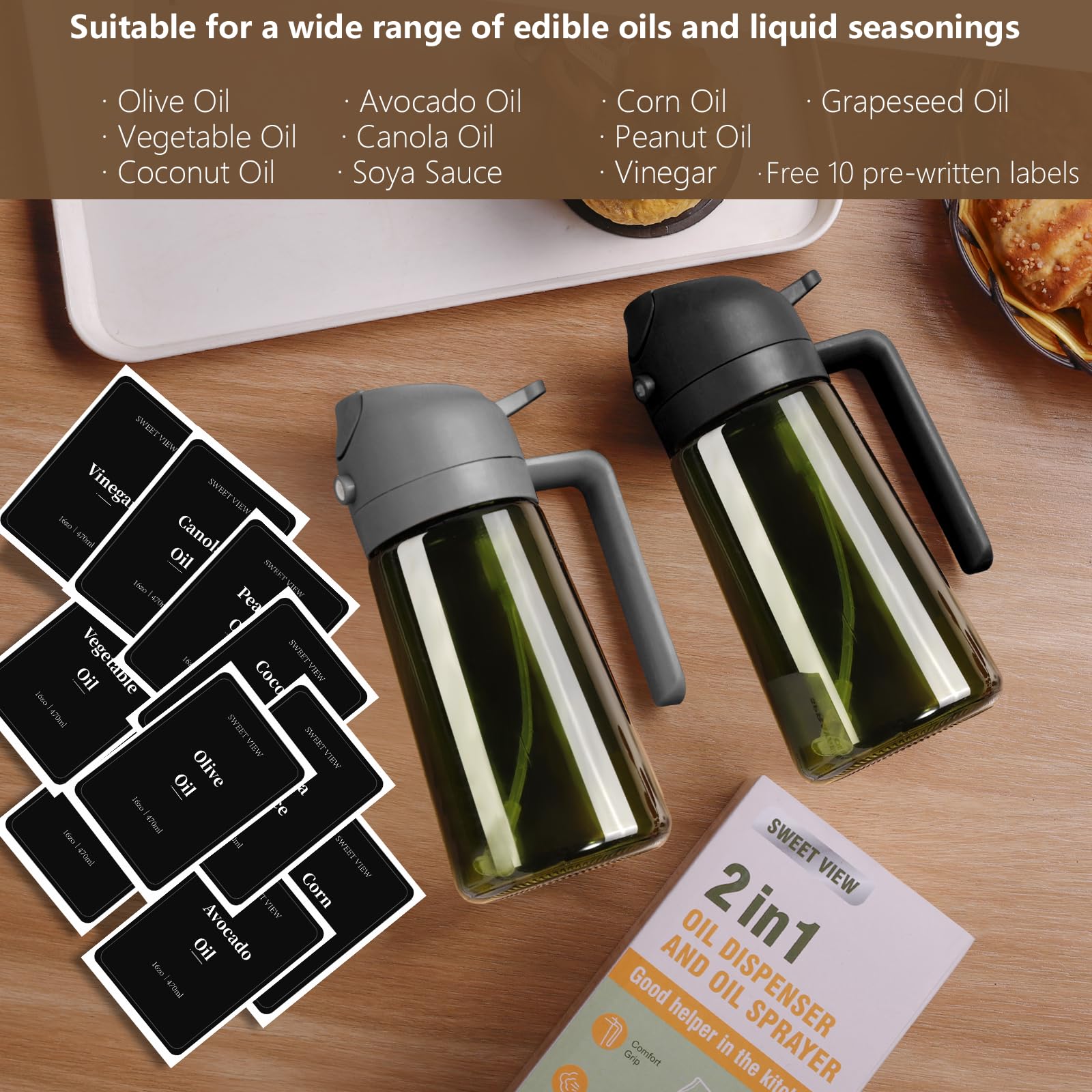 Olive Oil Sprayer for Cooking, 16oz/470ml Glass Light-Proof Oil Pourer for Kitchen, Air Fryer, Cooking, Salad, and BBQ by SWEET VIEW