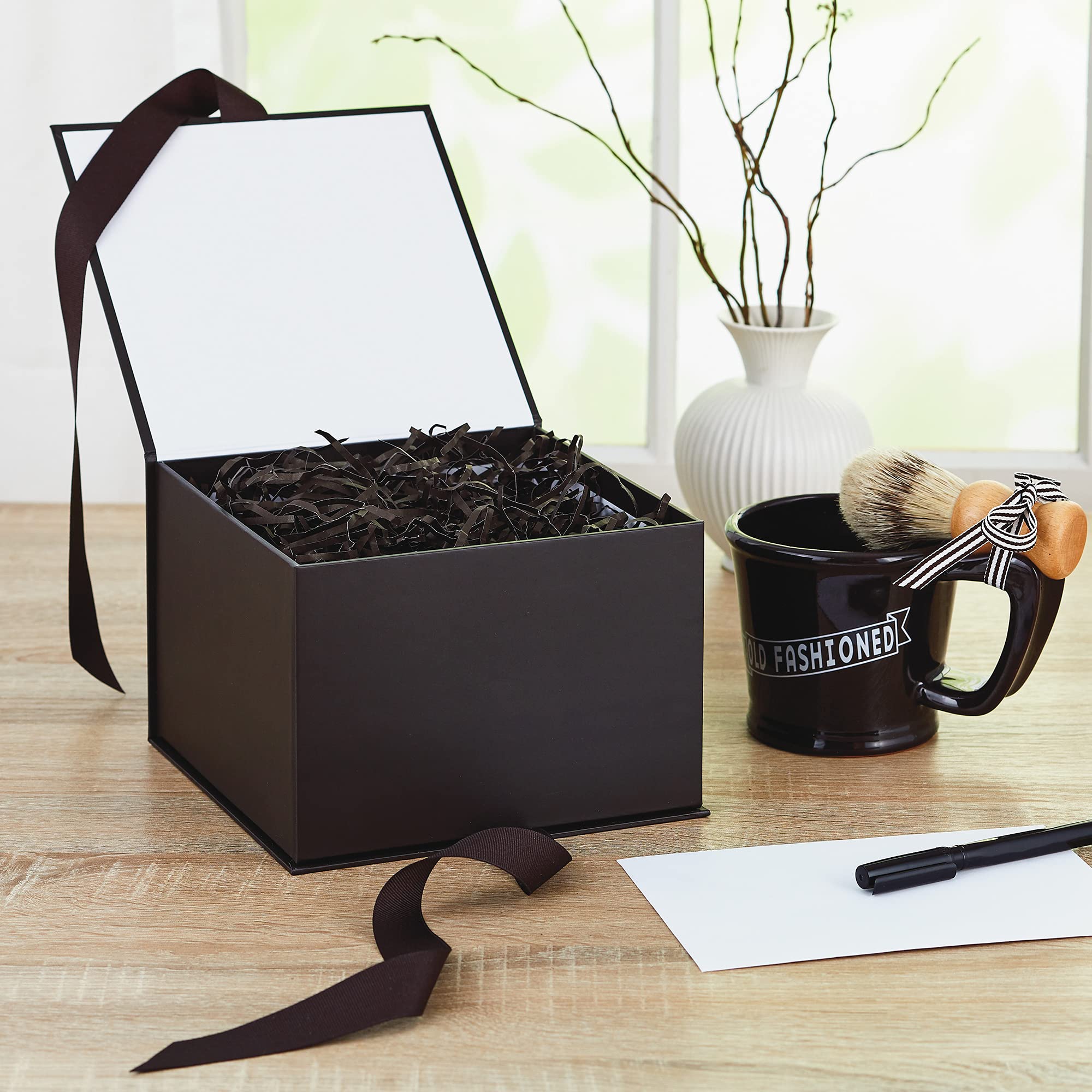 Hallmark Medium Gift Box with Lid and Shredded Paper Fill (Black 7 inch Box) for Weddings, Graduations, Birthdays, Father's Day, Groomsmen Gifts, All Occasion