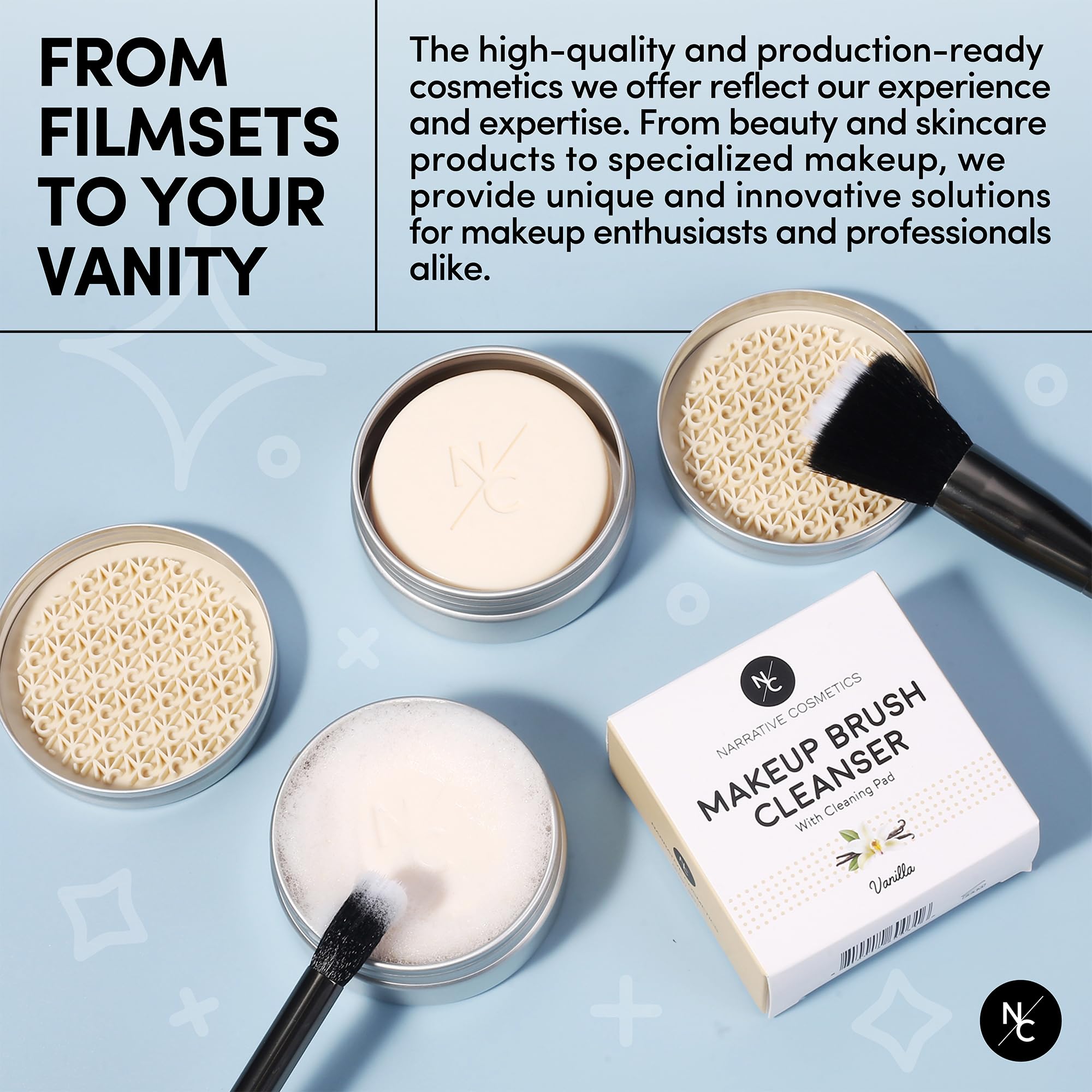 Narrative Cosmetics Solid Makeup Brush Cleanser Soap with Silicone Cleaning Pad, Cleans Natural & Synthetic Brushes, Vegan, Cruelty-Free, Natural Ingredients, Vanilla Fragrance, 2.45 Oz.