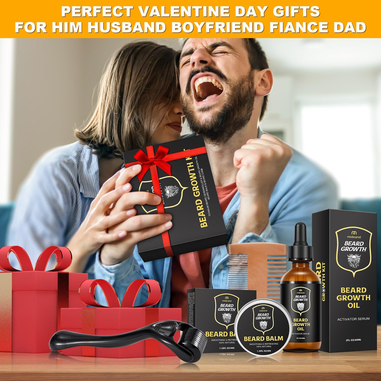 Beard Growth Kit - Beard Kit for Men, Beard Growth Oil (2oz), Beard Balm, Beard Comb, Massager for Spot/Patchy Beard - Christmas, Anniversary, Birthday Gifts for Men, Dad, Husband, Boyfriend