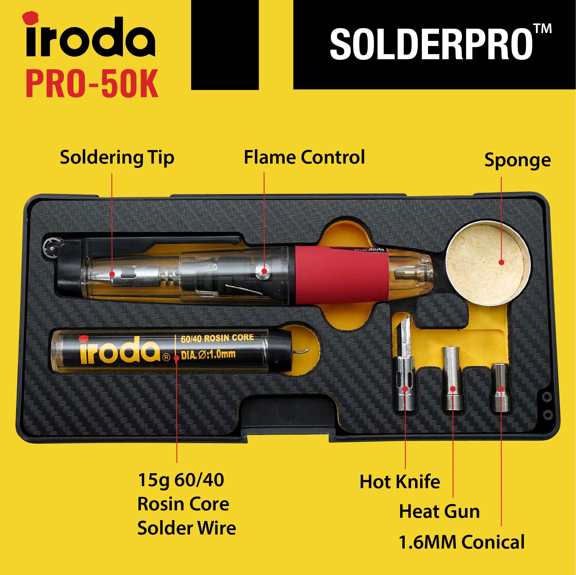 IRODA SOLDERPRO 50K Butane Soldering Iron Kit | 4-in-1 30-70W Heat Gun | Mini Torch | Cordless Portable Butane Soldering Kit Rapid Heat Up (Taiwan Made)
