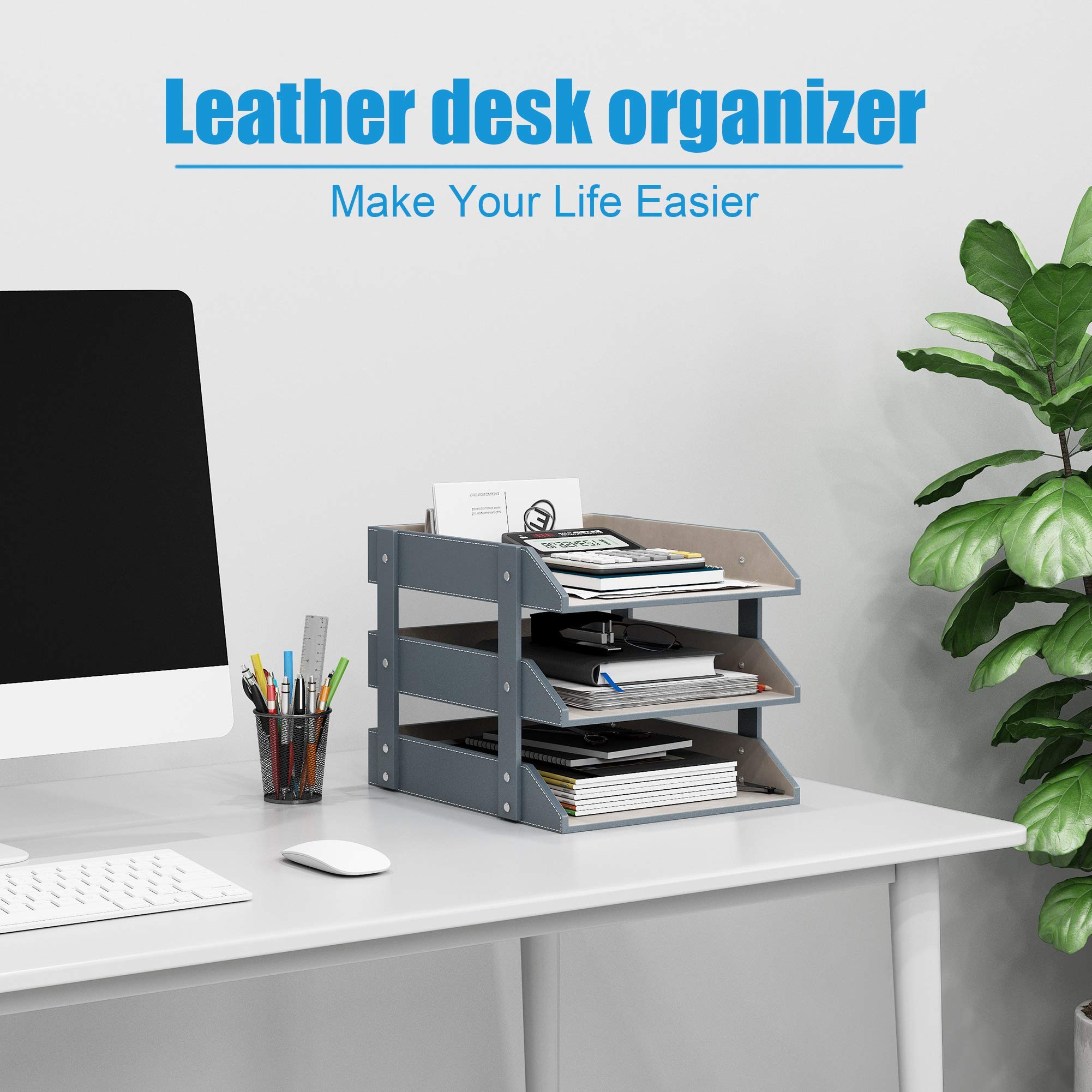 Leather Desk Organizer, Thipoten 3-Tier Stackable Letter Tray Holder for Office Supplies, Paper, File, Magazine, Perfect Office Organization for Desktop (Grey-3Tiers)