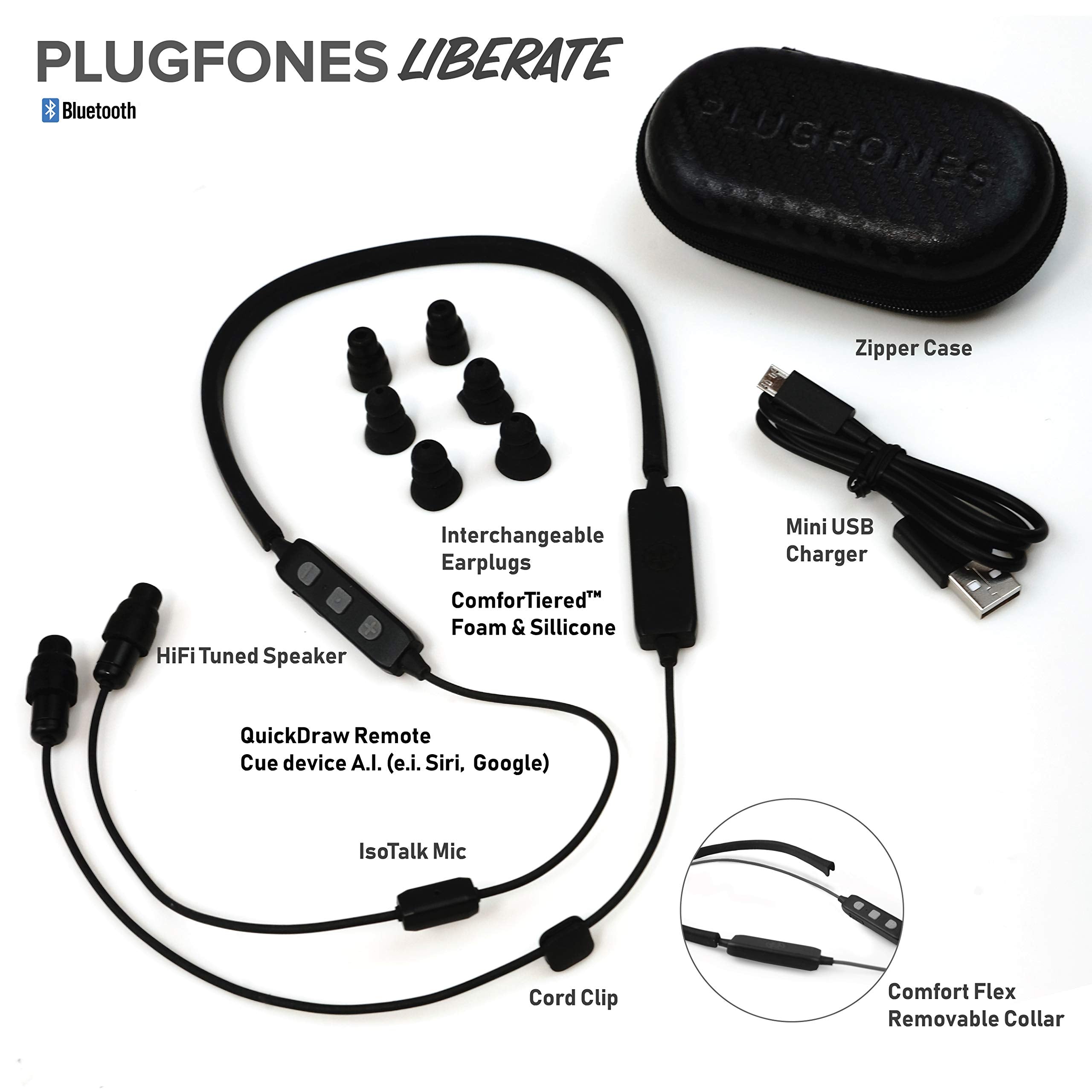 Plugfones Liberate 2.0 Wireless Bluetooth in-Ear Earplug Earbuds - Noise Reduction Headphones with Noise Isolating Mic and Controls (Black & Gray)