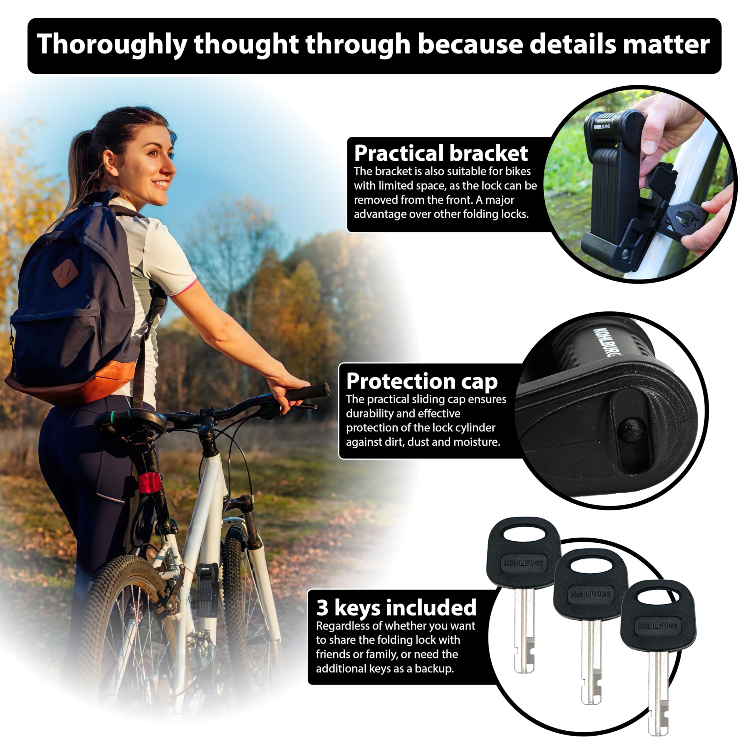 KOHLBURG Security Folding Lock only 2.2 lbs - 35" Foldable Bicycle Lock - German Security Standard - Very Secure Folding Bike Lock - Compact Heavy Duty Bike Lock with Keys & Bracket for e Bike Scooter