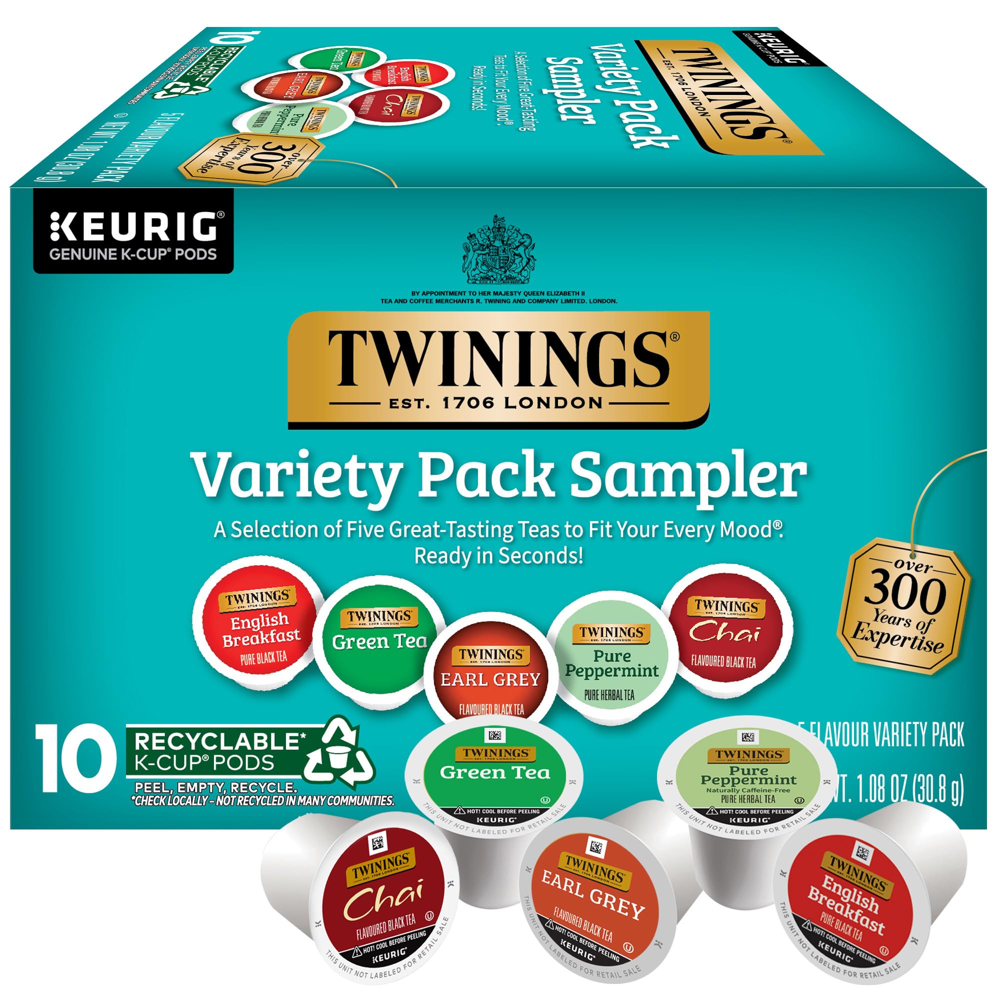 Twinings K-Cup Pods Variety Pack, Includes English Breakfast, Earl Grey, Chai, Green, and Peppermint for Keurig and Single Cup Brewers, 10 Count (Pack of 1), Enjoy Hot or Iced