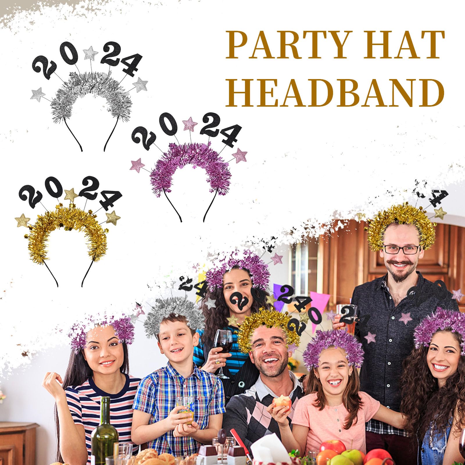 6Pcs Happy New Year Star Headband, 2024 New Year Headband, Glitter Star Sequins Headband, Star Tinsel Hairband, Glitter Hair Hoops, Tiara for 2024 New Years Eve Christmas