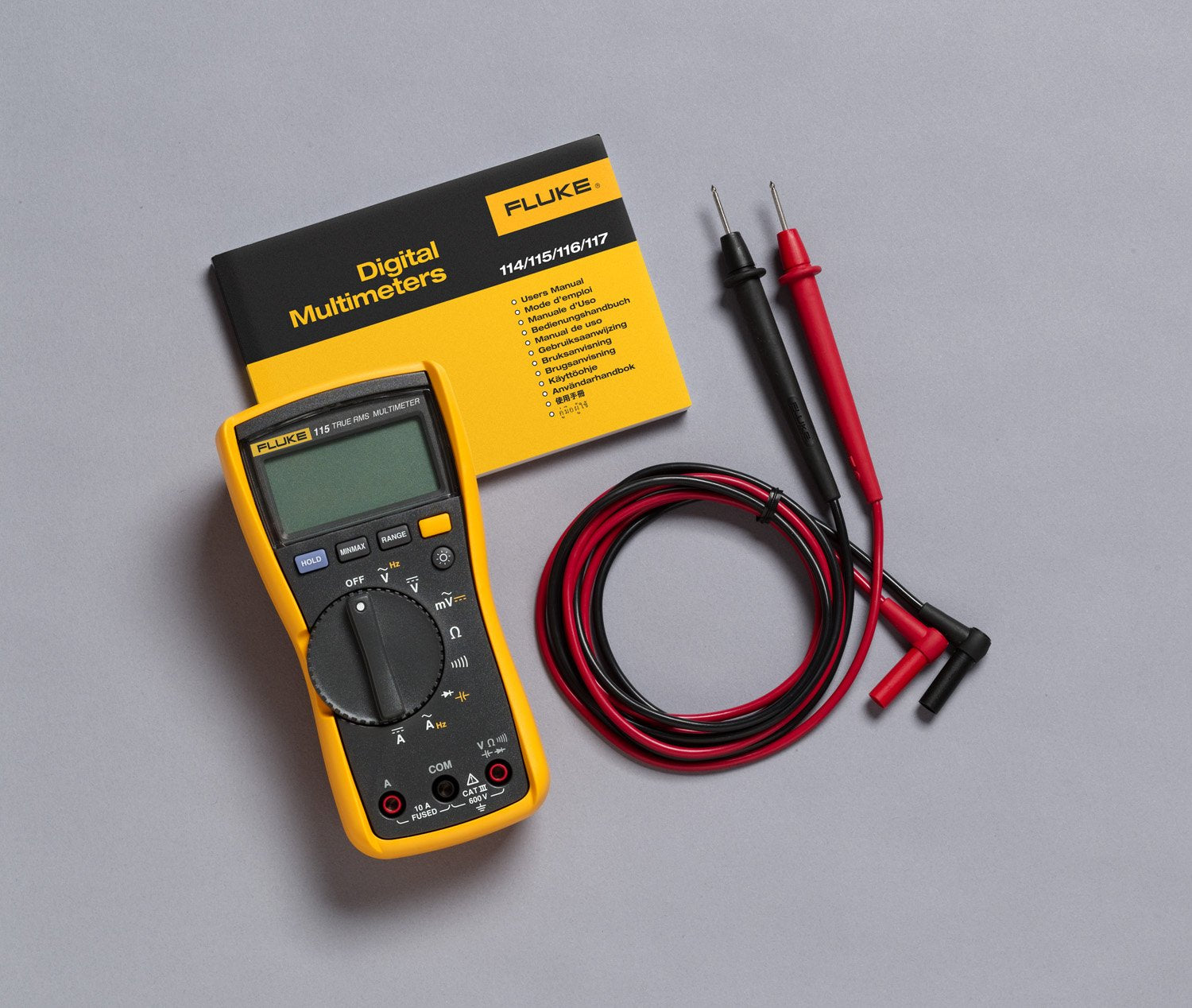 Fluke 115 Digital Multimeter, Measures AC/DC Voltage To 600 V & Current to 10 A, Measures Resistance, Continuity, Frequency & Capacitance, Includes Battery, Holster & 4mm PVC-Insulated Test Lead