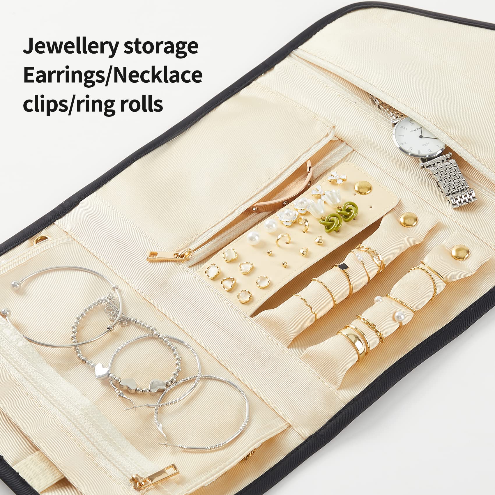 Omnpak Jewelry Organizer Travel Jewelry Case,Foldable Jewelry Roll Jewelry Storage Bag for Necklace, Ring, Earring, Watch,Compact and Easy to Carry