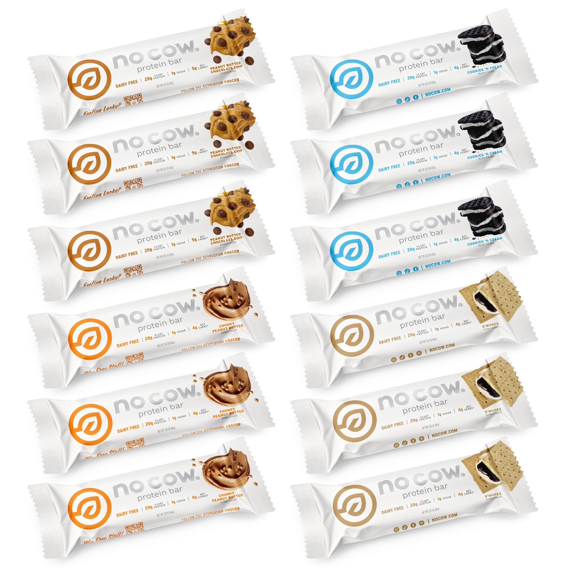 No Cow High Protein Bars, Original Variety Pack - Healthy Snacks, 20g Vegan Protein, High Fiber, Low Sugar, Keto Friendly, Dairy & Gluten Free (12 Count)