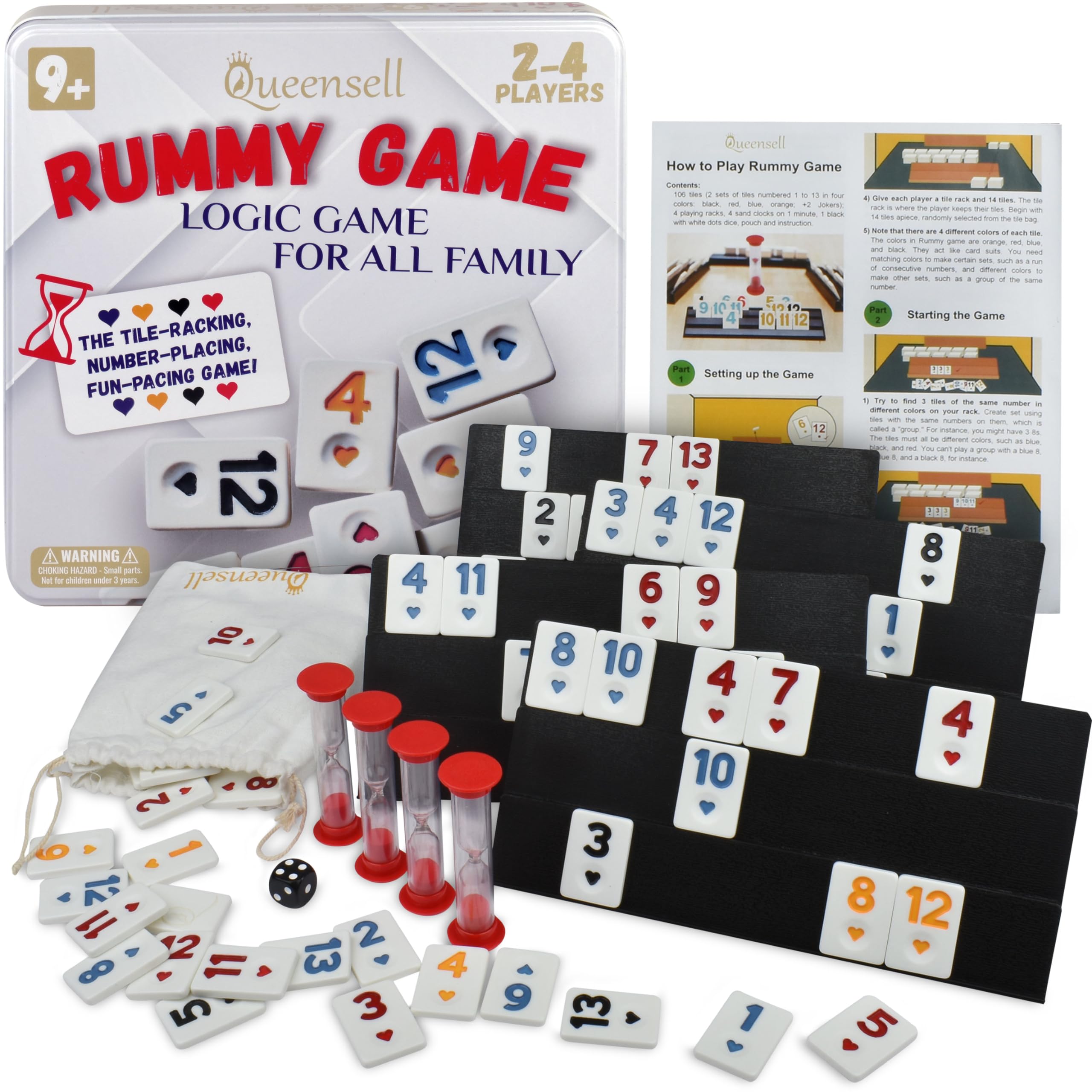 Queensell Rummy Cube Game Classic with Metal Case, Timers and Holders, Classic Rummy Game for Kids and Adults