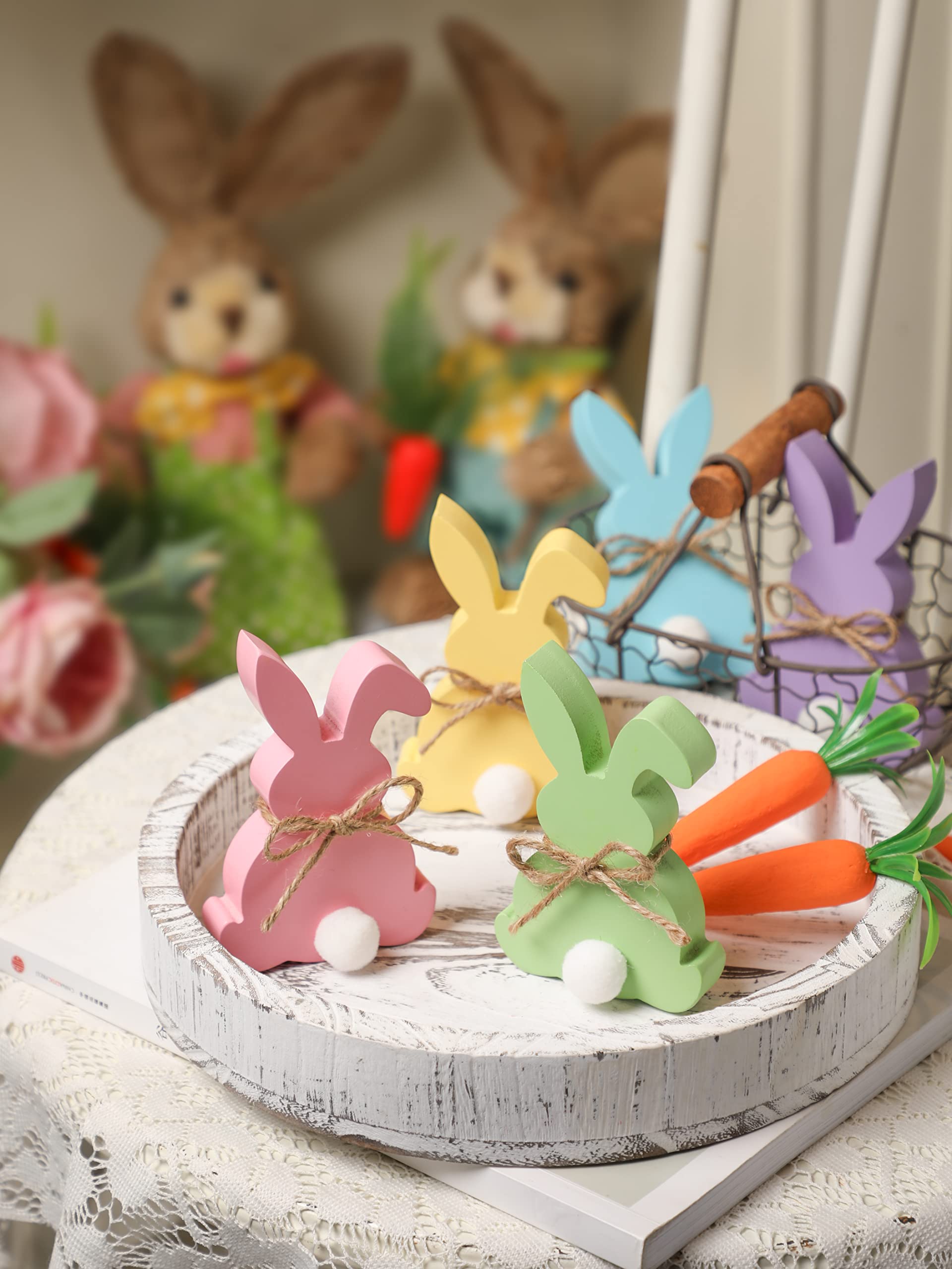 Easter Decorations, 5pcs Wooden Easter Bunny Table Sign with Jute Rope, Easter Wood Tiered Tray Decor Freestanding Easter Table Decorations