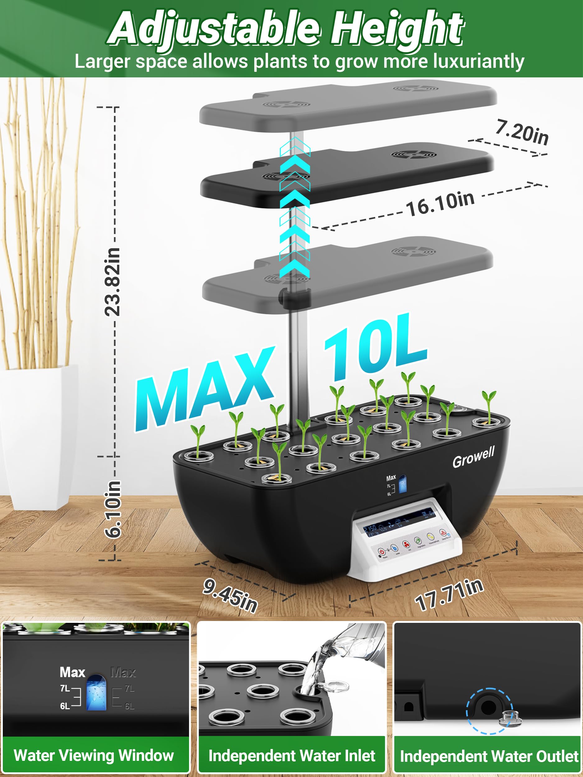 Hydroponics Growing System Kit, 17 Pods Herb Garden with 102 28W Full-Spectrum Grow Lights & 2 Fans, Indoor Garden with Water Pump, 10L Water Tank, Auto Timer, Height Adjustable (Black & White)