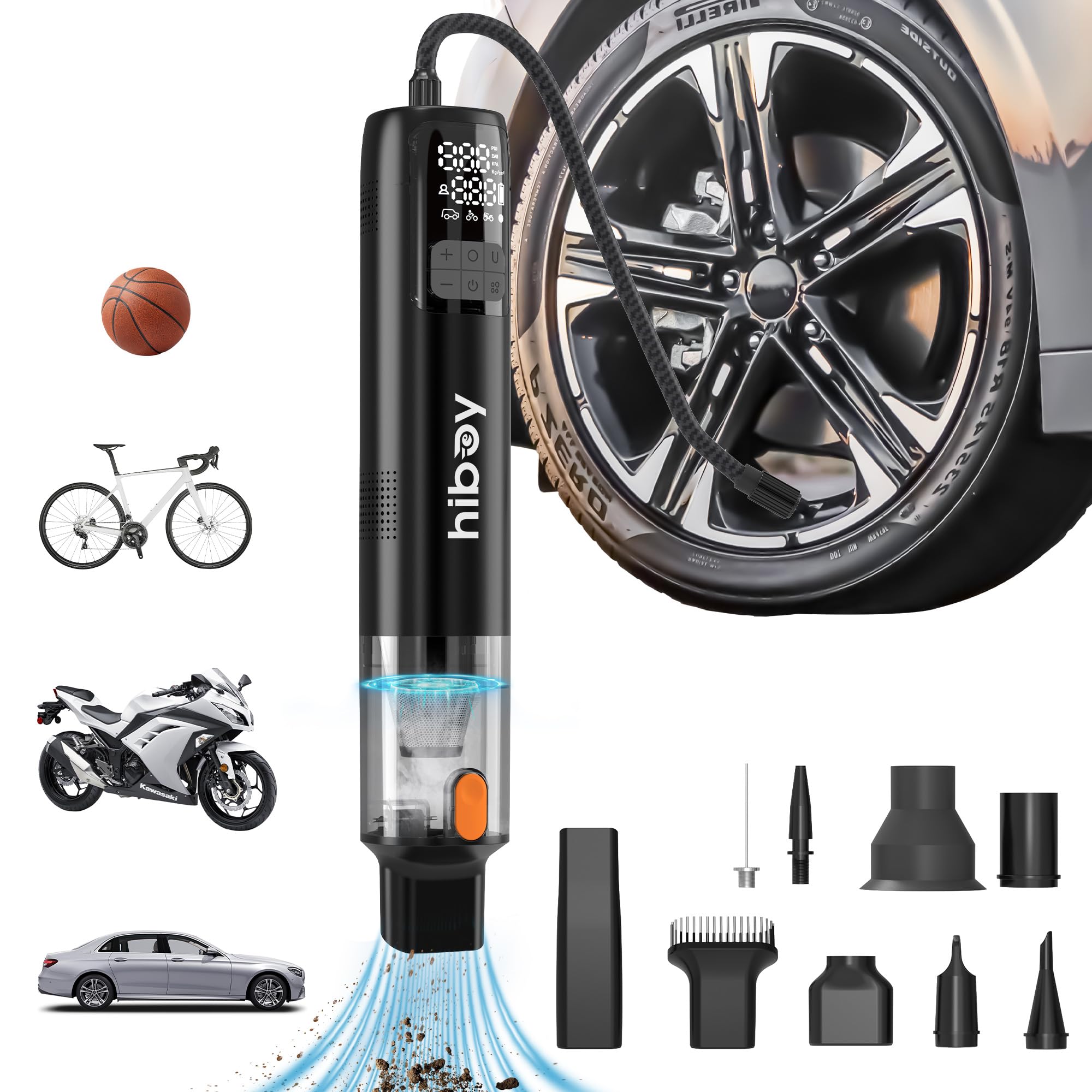 Hiboy 2 in 1 Tire Inflator Portable Air Compressor with Cordless vacuuming Function, 2X Faster Inflation, 150PSI Cordless Air Pump with 10kPa Powerful Vacuuming Function, 5000mAh Powerful Battery