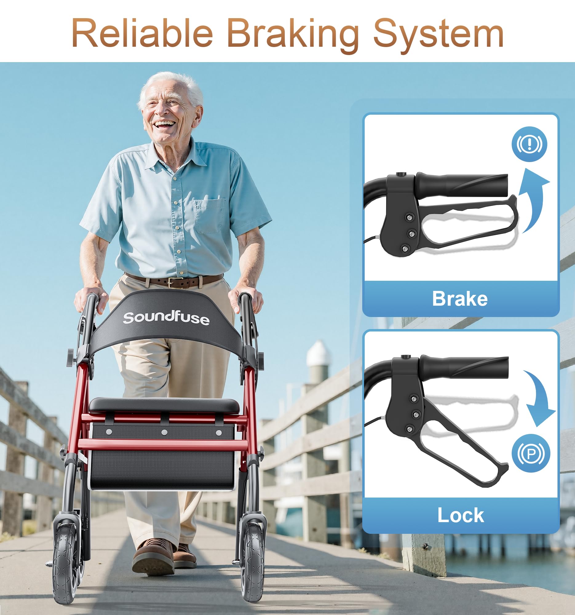 SOUNDFUSE Rollator Walkers for Seniors with Seat, Foldable Lightweight Rolling Walker with 8" Big PU Wheels, Ergonomic Seat, Dual Height Adjustment