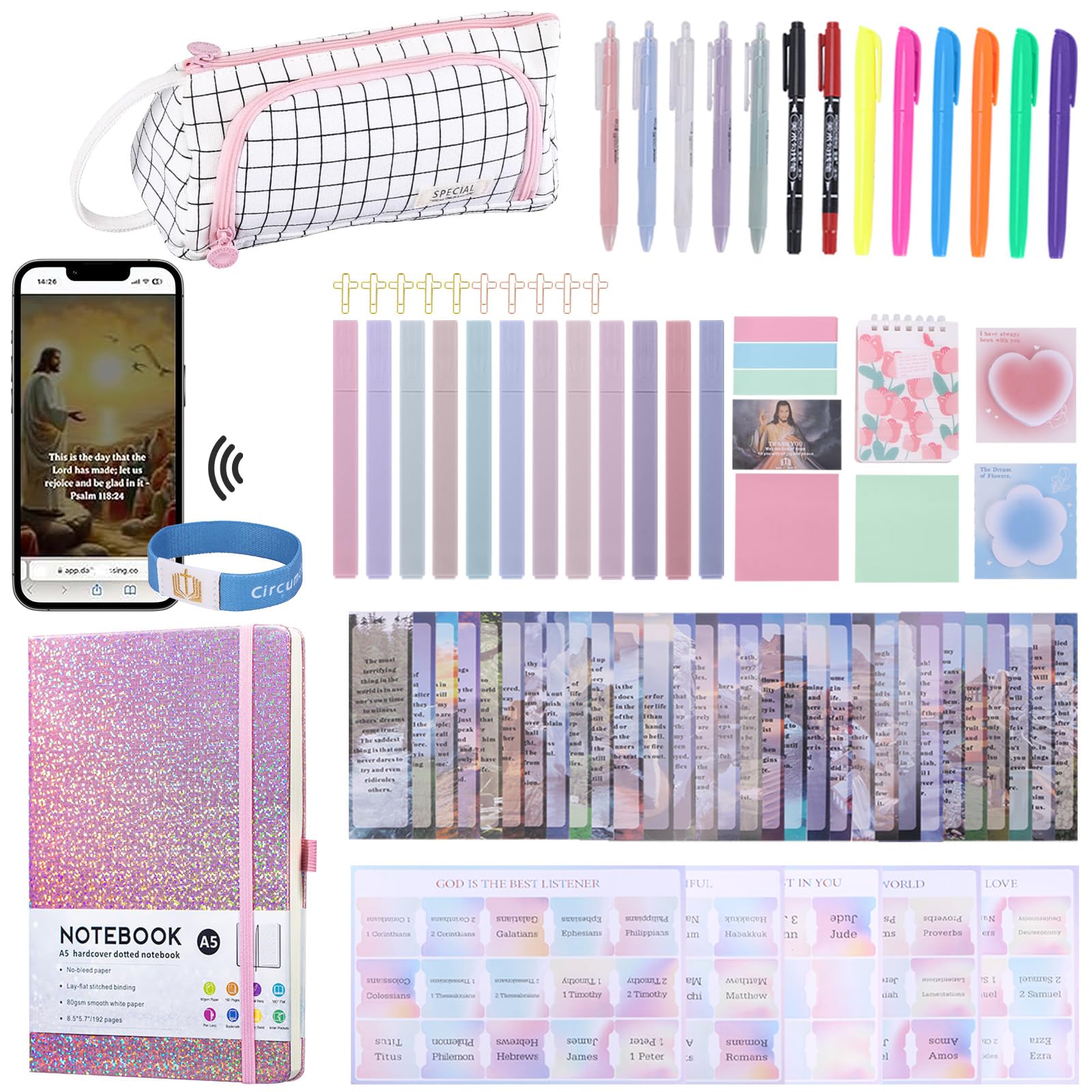 Bible Study Supplies with Daily Bible Verse Bracelets,Bible Journaling Kit for Women with Tabs Notebook and Pen Case Bible Bookmarks highlighters.Bible Tools for Students Beginner, Christian Gifts