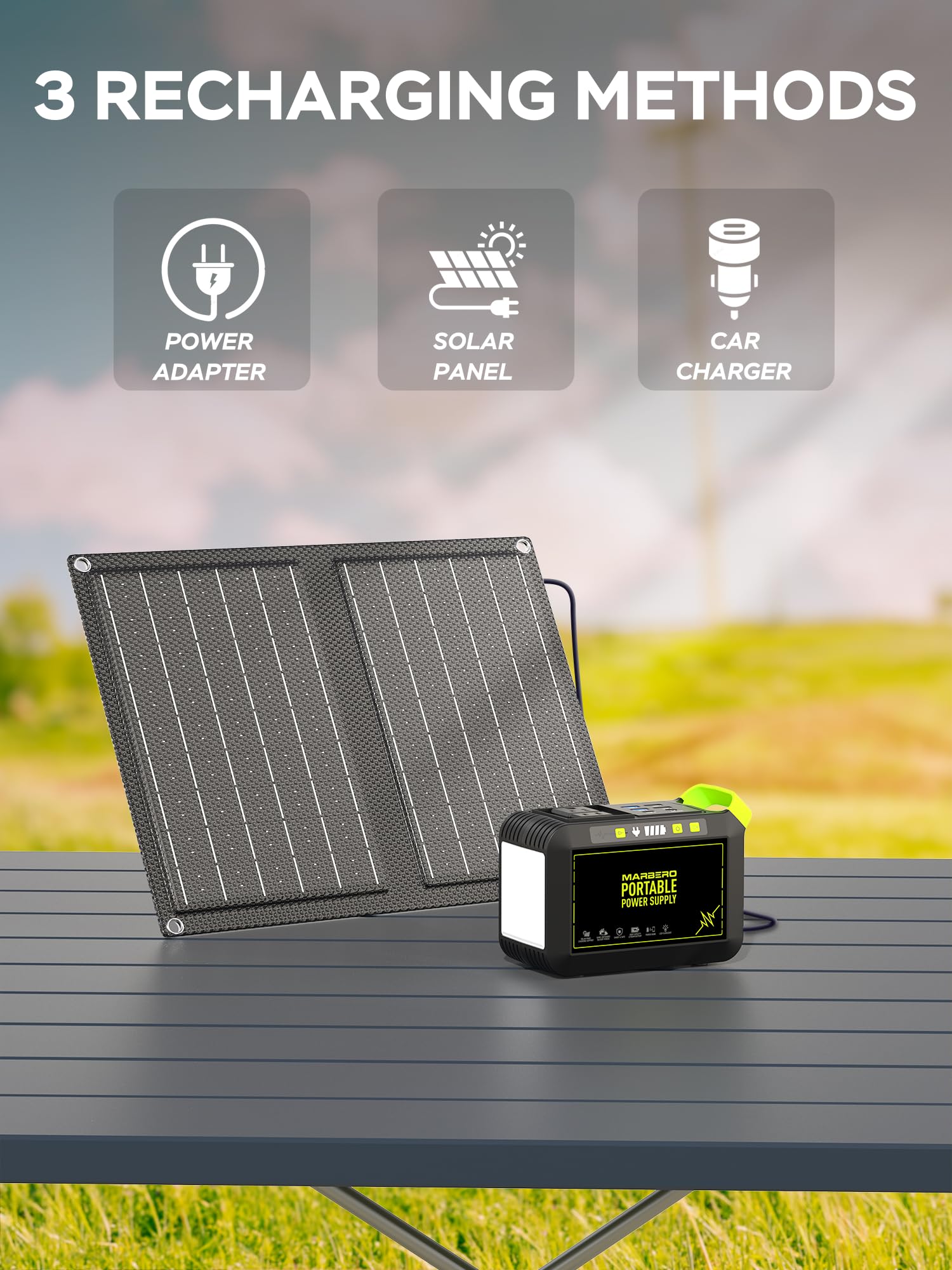 MARBERO Camping Solar Generator 88Wh Portable Power Station 120W Peak Generator with Solar Panel Included 21W, AC, DC, USB QC3.0, LED Flashlight for Outdoor Home Camping Fishing Emergency Backup