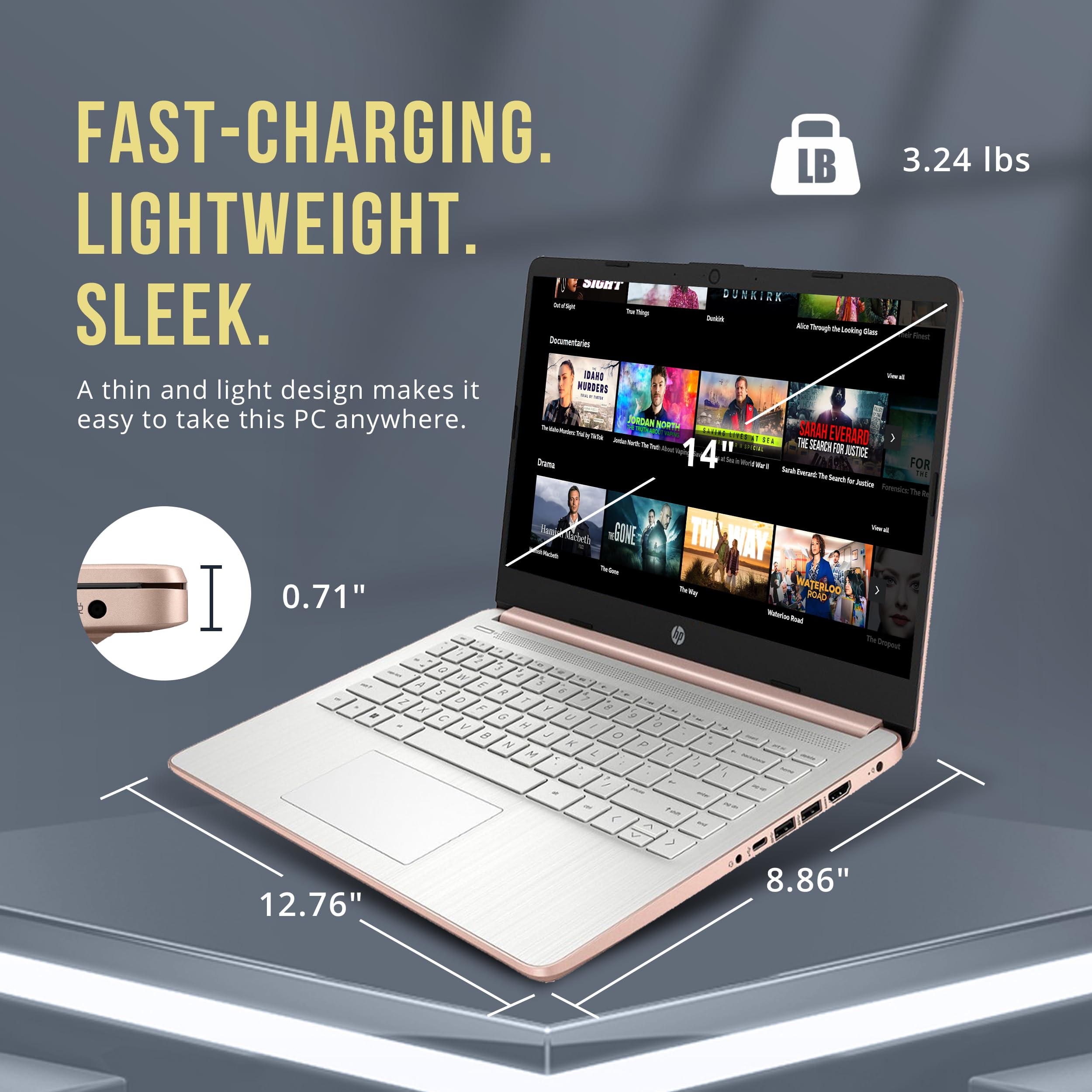 HP Stream 14" HD BrightView Laptop, Intel Celeron N4120, 16GB RAM, 416GB Storage (128GB eMMC + 288GB Docking Station Set), Intel UHD Graphics, 720p Camera, Wi-Fi, 1 Year Office 365, Win 11S, Gold