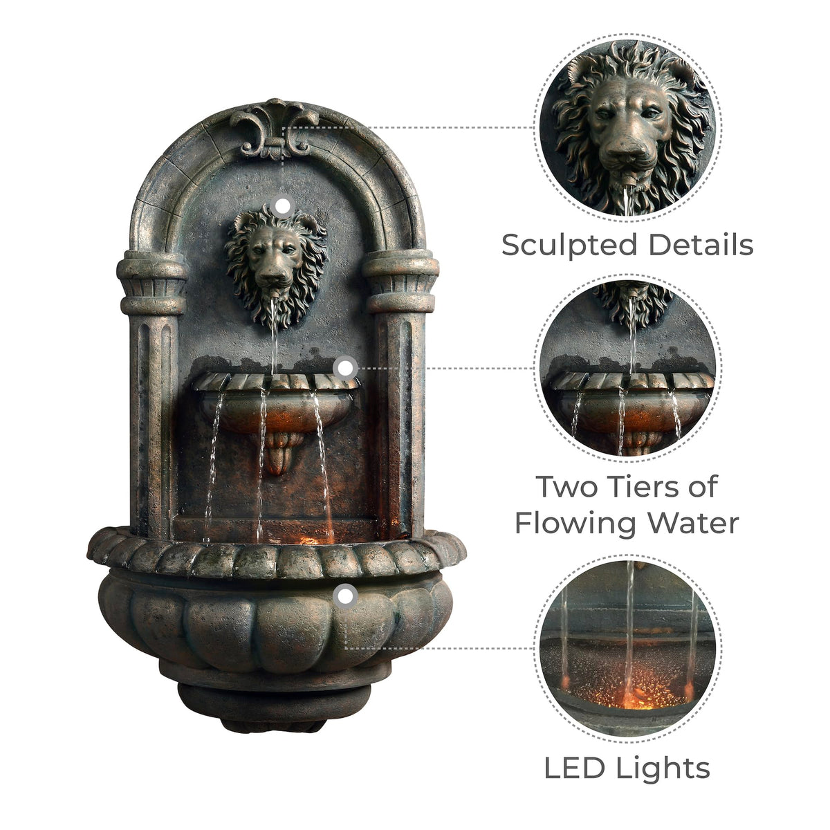 Teamson Home 32.1 in. Wall-Mounted Lion Head Stone LED Outdoor Water Fountain for Gardens, Landscaping, Patios, Balconies, Lawns to Create a Calming Oasis in Outdoor Living Spaces, Antique Bronze