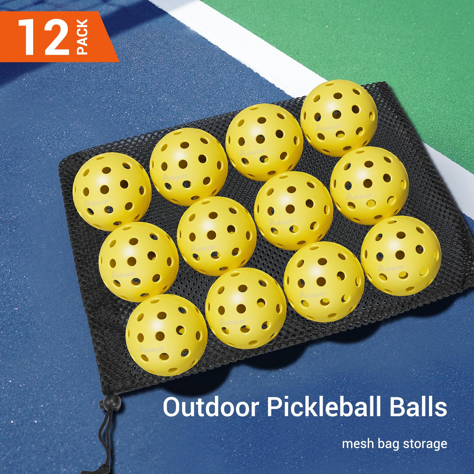 Asbocer Pickleball Balls, USAPA Approved Pickleballs, 12-Pack 40 Holes Outdoor Pickleball Balls with Mesh Bag, High Elasticity & Durable Yellow Pickle Balls for All Style Pickleball Paddles