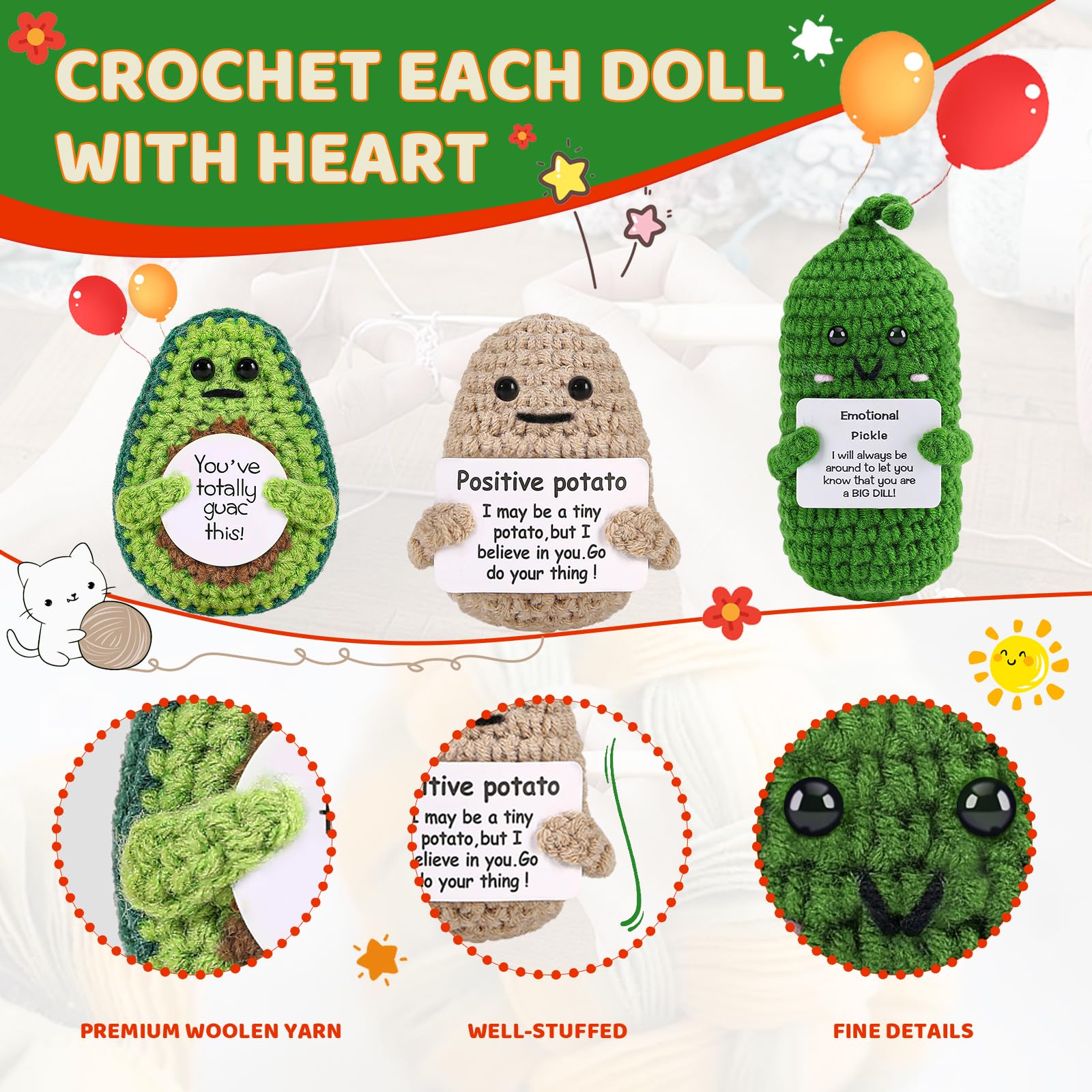 Valentine's Day Gifts for Her Him Emotional Potato Pickle: 3Pcs Funny Crochet Dolls with Cheer Up Cards - Birthday Gifts for Women Friends Coworkers Girlfriend Wife Mom(Potato,Pickle,Avocado)