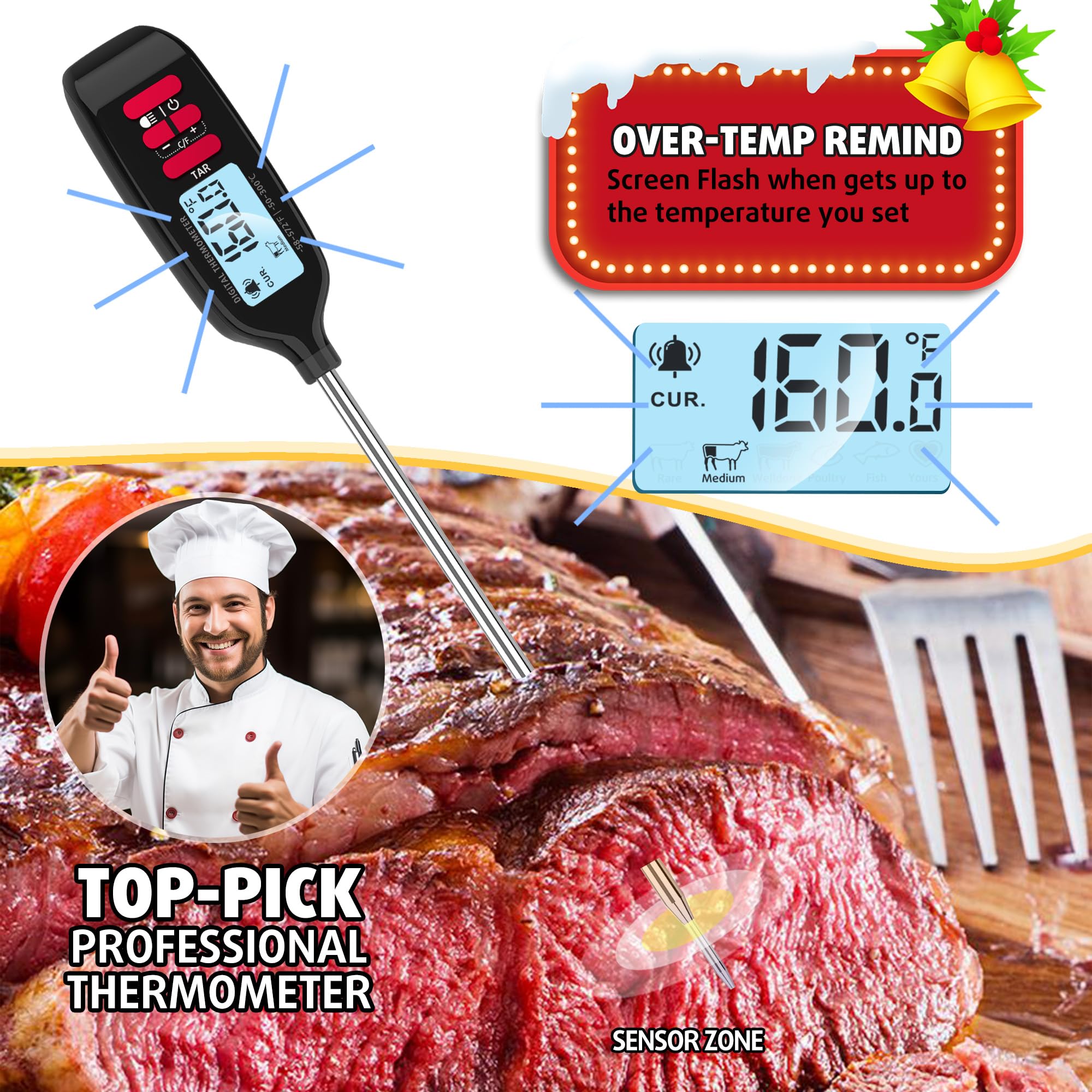 Antonki Meat Thermometer with Long Food Temperature Probe, Digital Instant Read Food Thermometer for Cooking, Chef Kitchen Thermometer with Backlight for Bake, Candy, Grill, BBQ, Oil