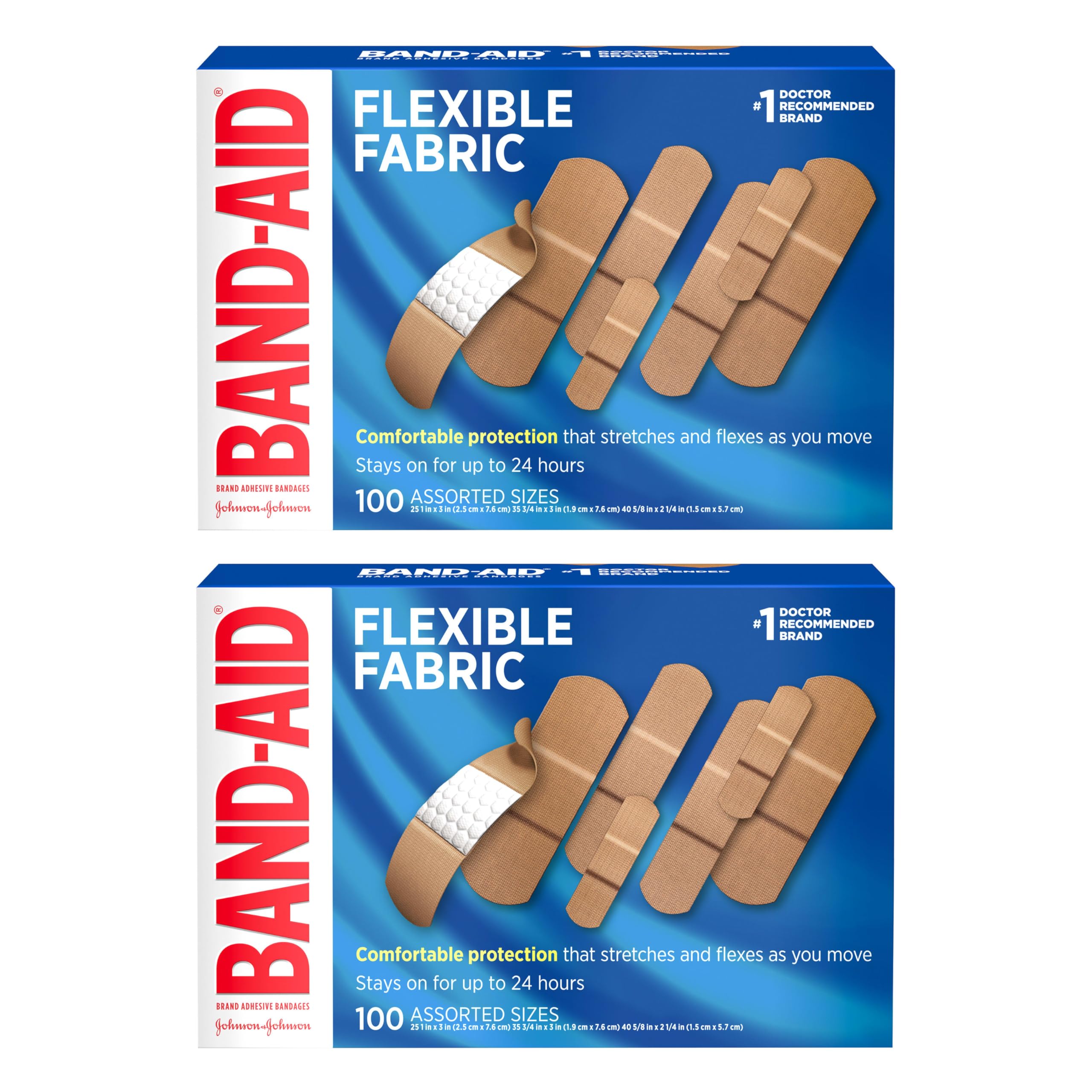 Band-Aid Brand Flexible Fabric Adhesive Bandages for Comfortable Flexible Protection, Twin Pack, 2 x 100 ct