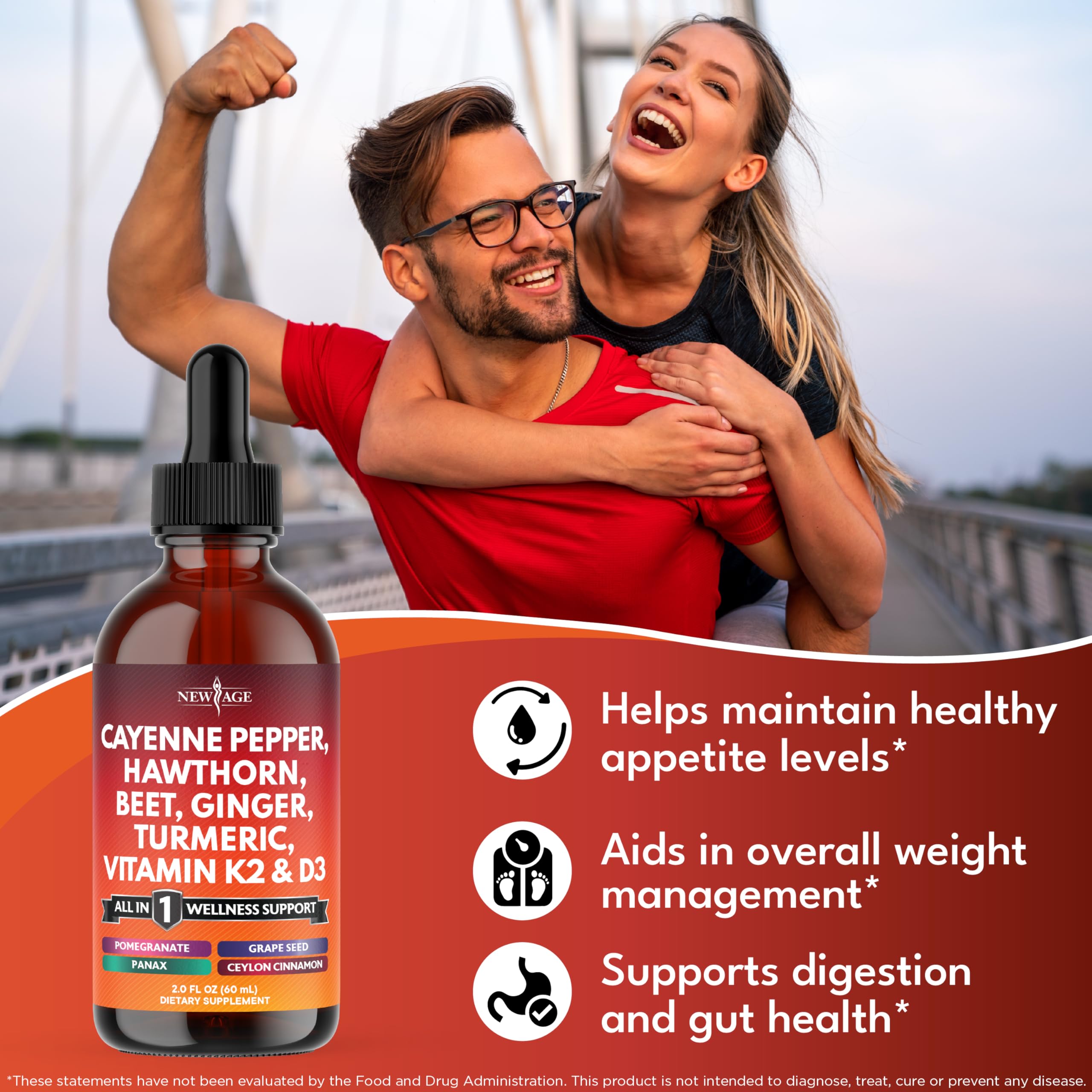 Cayenne Pepper Supplement Liquid Drops + Hawthorn Berry, Vitamin D3 K2 Beet Root Powder, Ceylon Cinnamon, Turmeric Curcumin, Organic Panax Ginseng - 4oz