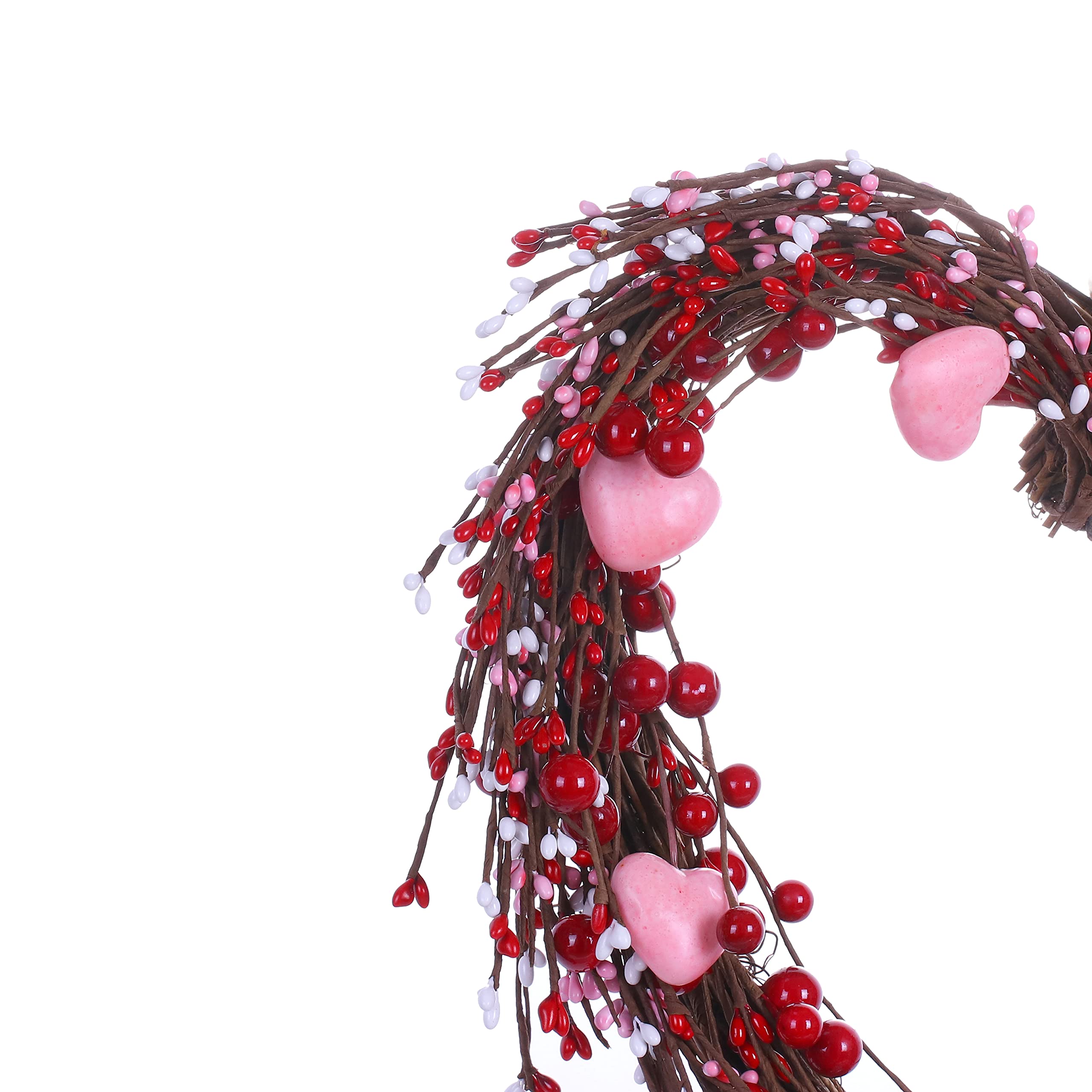 VioletEverGarden Valentine’s Day Wreath,15” Heart Shaped Wreath with Red Berries and Small Pink Hearts for Valentine’s Day Wedding Festival Decor