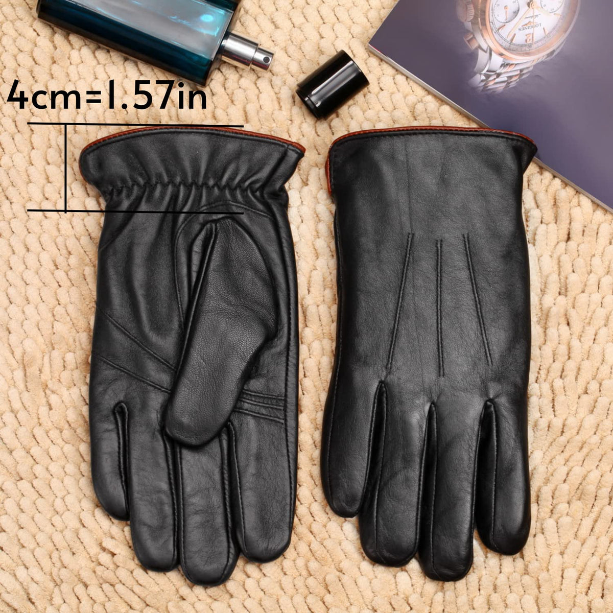 MaxW Sheepskin Leather Gloves for Men, Winter Warm Touchscreen Gloves, Black Leather Gloves for Driving Motorcycle, Size M