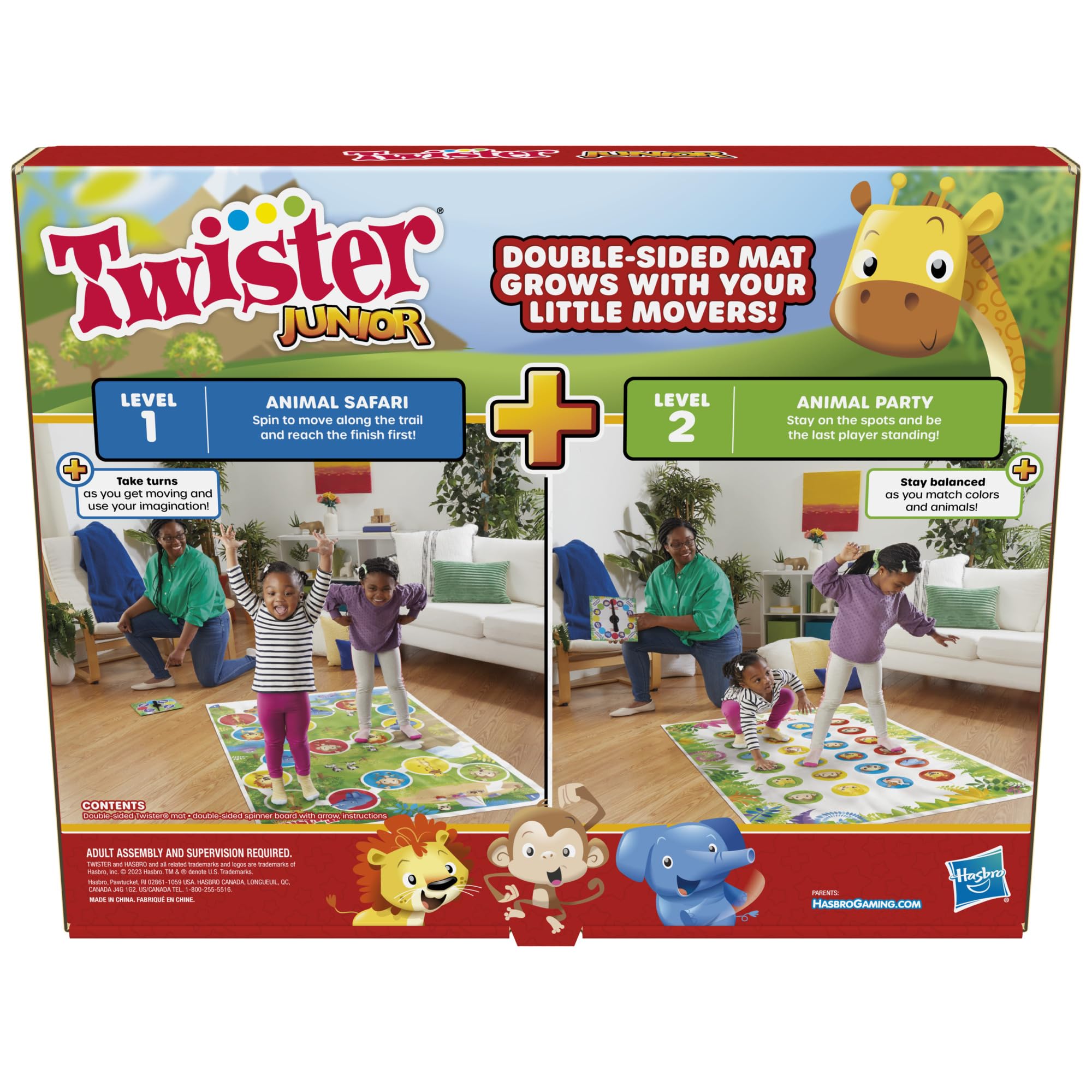 Hasbro Gaming Twister Junior Game, Animal Adventure 2-Sided Mat, 2 Games in 1, Party Game for Kids Ages 3 and Up, Indoor Game for 2-4 Players