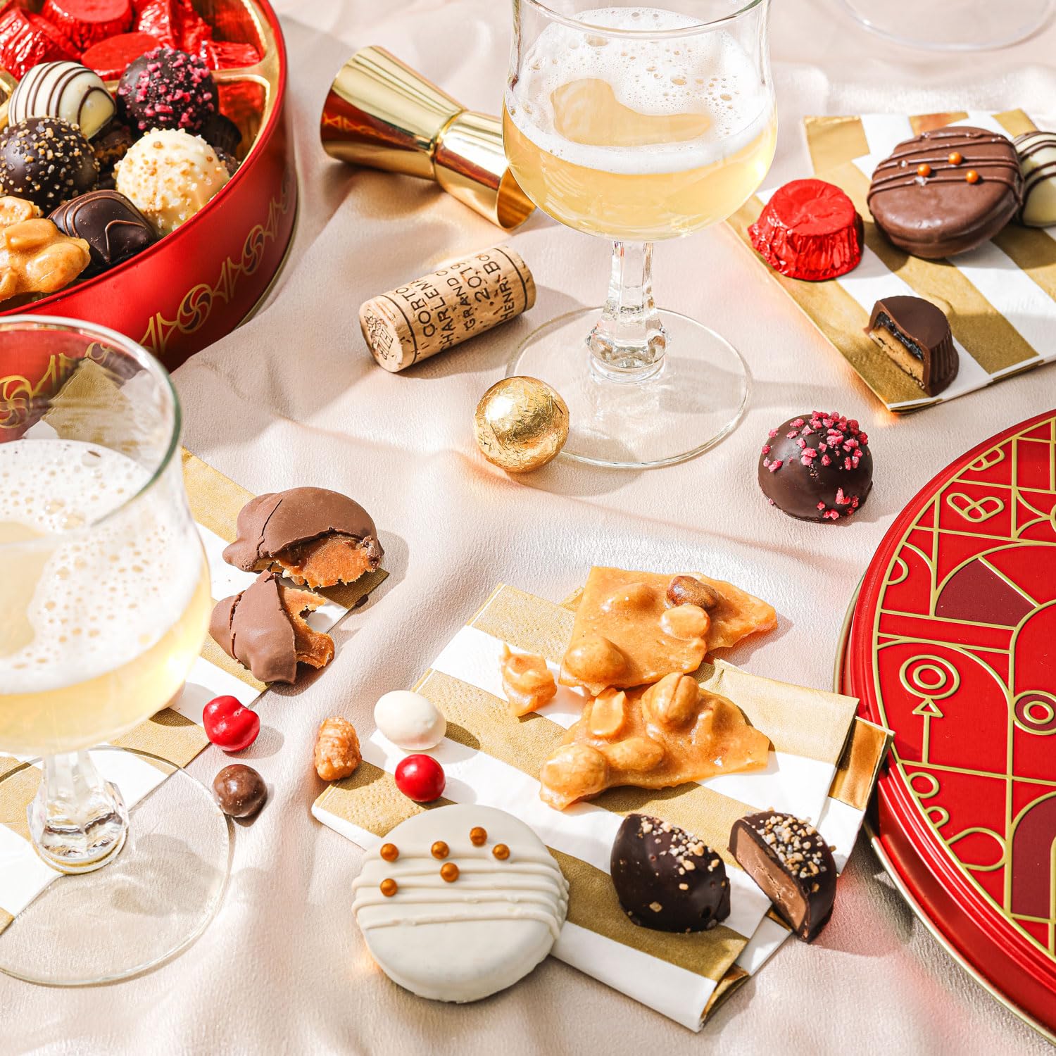 Holiday Snack Gift Tin, Round, Modern Pattern, Assorted Treats: Belgian Truffles, Chocolate Covered Oreos, Peanut Brittle and Candy Nuts