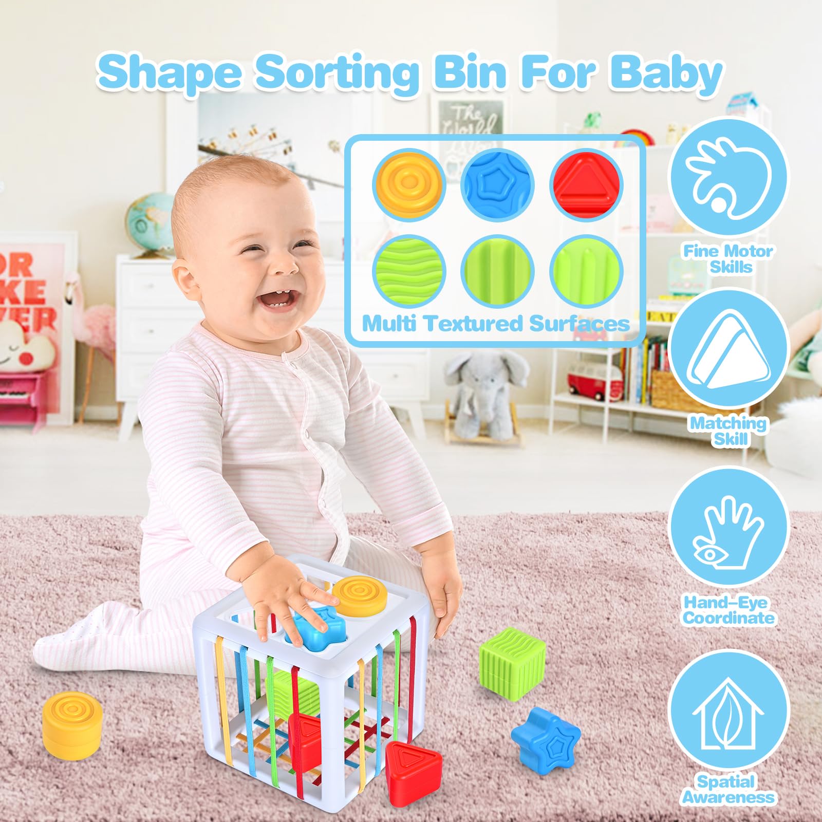 5 in 1 Montessori Toys for Babies 0-3-6-12 Months, Soft Baby Teething Toys, Sensory Bin Toy, Stacking Building Blocks & Rings for Infants,Developmental Toys for Toddler,Gift for Baby 12-18 Months