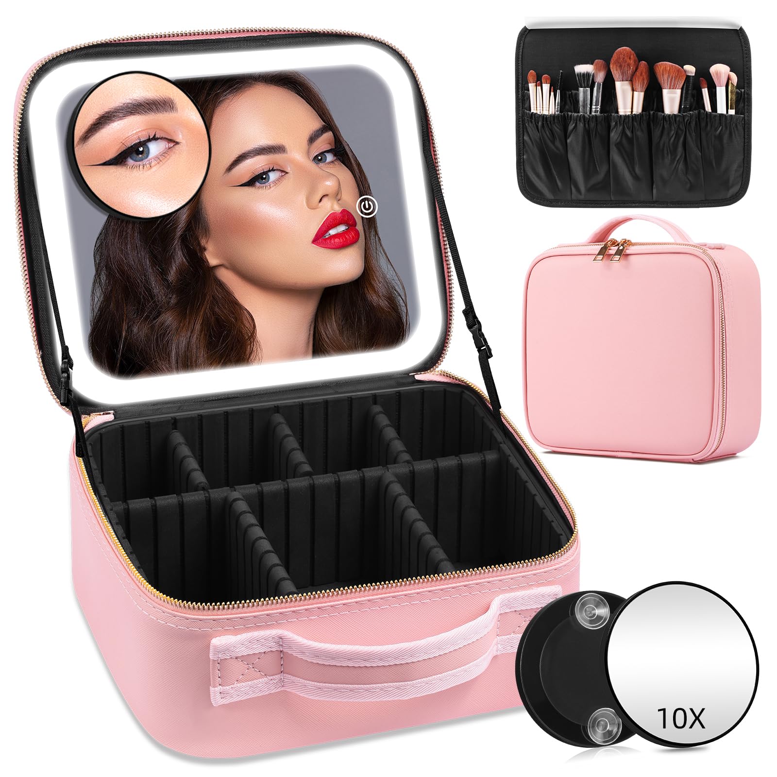 Jadazror Lighted Makeup Case with Mirror, Adjustable Dividers - Portable Cosmetic Organizer Bag for Travel