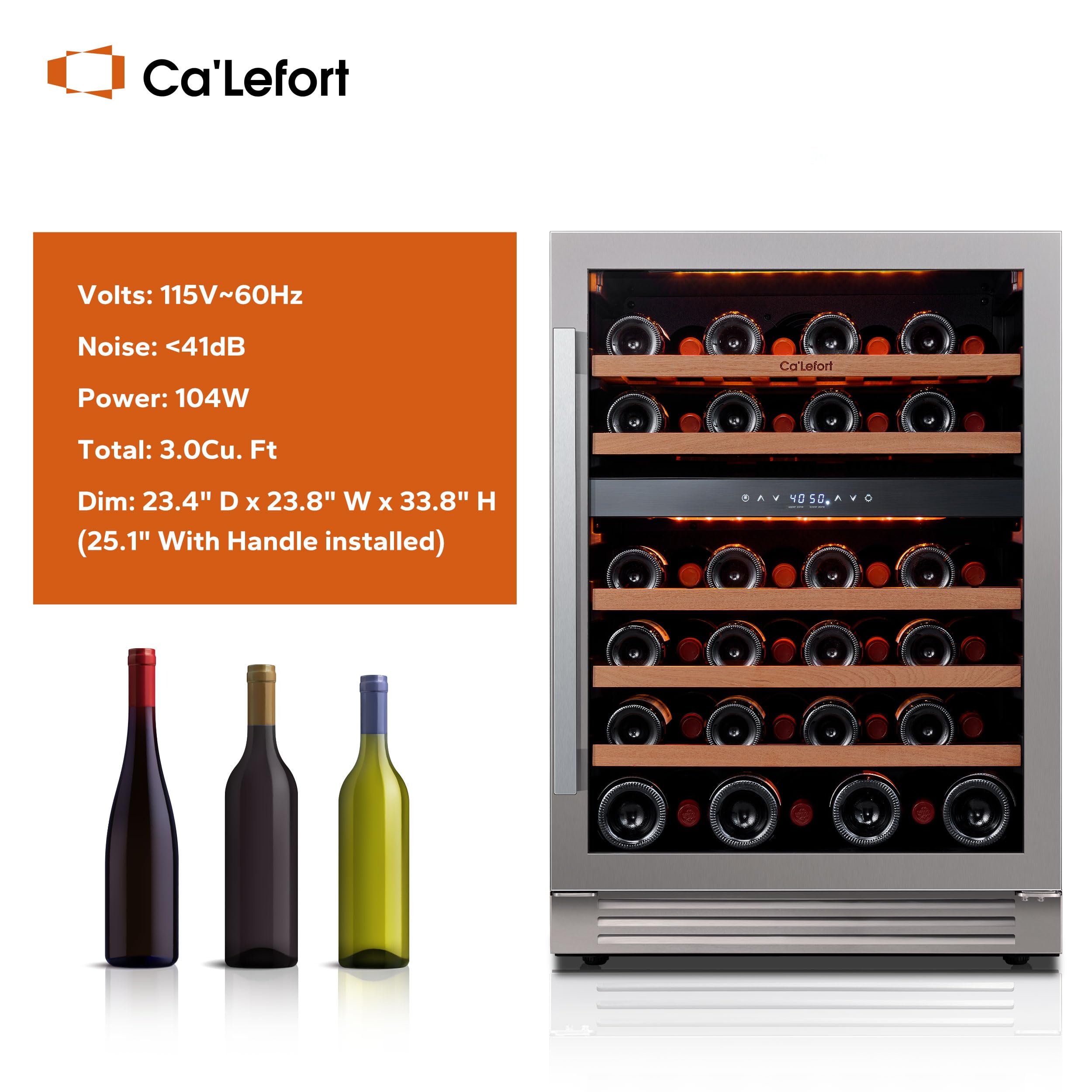 Ca'Lefort Wine Fridge & Cooler - Dual Zone 46 Bottles 24 inch Wine Cooler Refrigerator with Glass Door, Powerful Cooling Compressor Fridge with 3 LED Light for Home Office Bedroom Bar