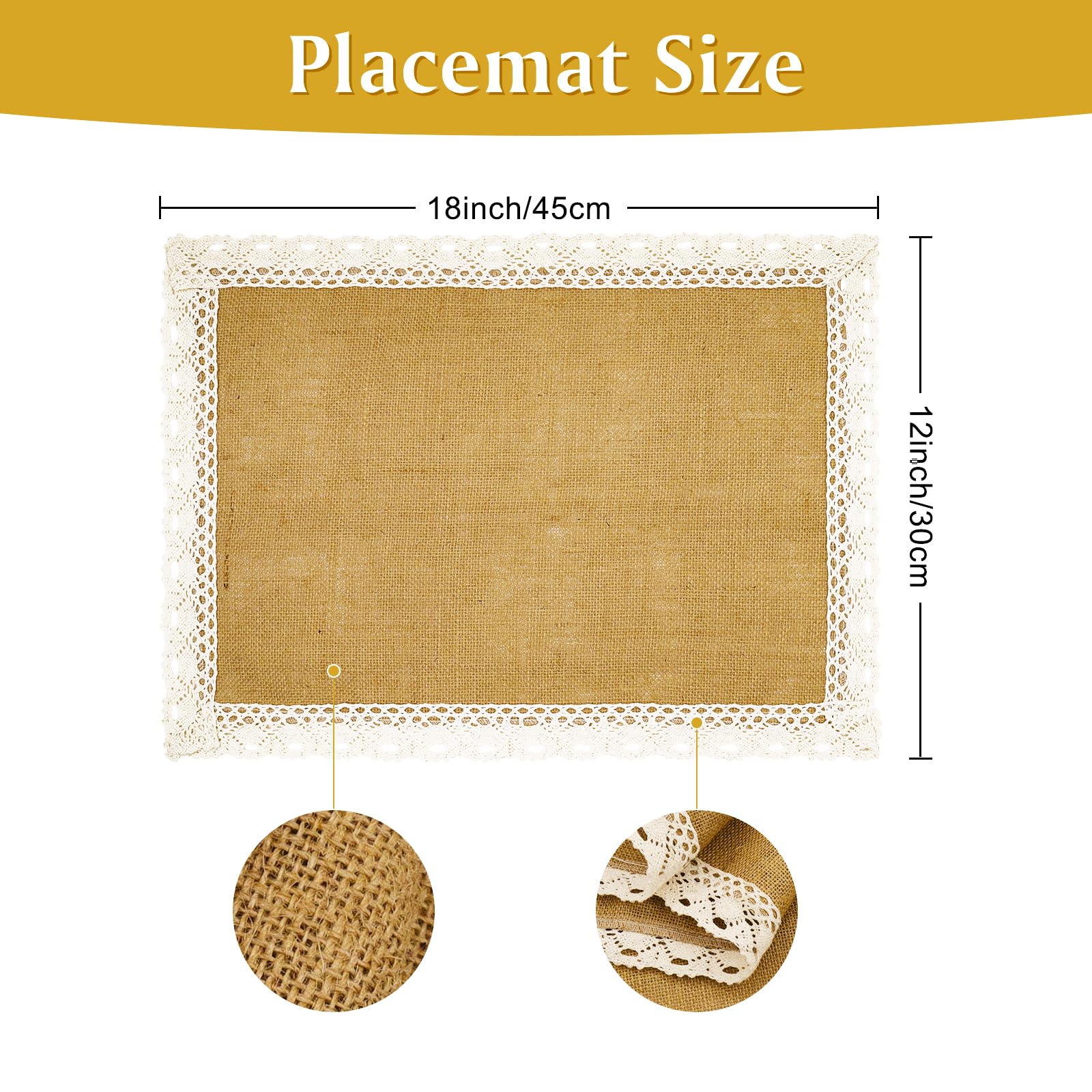 Placemats Set of 4 Jute Place Mat Burlap Tablemats White Lace Table Mats Runner Rectangular Woven Fabric Heat Resistant Non-Slip Place mats for Farmhouse Kitchen Dining Table Decor