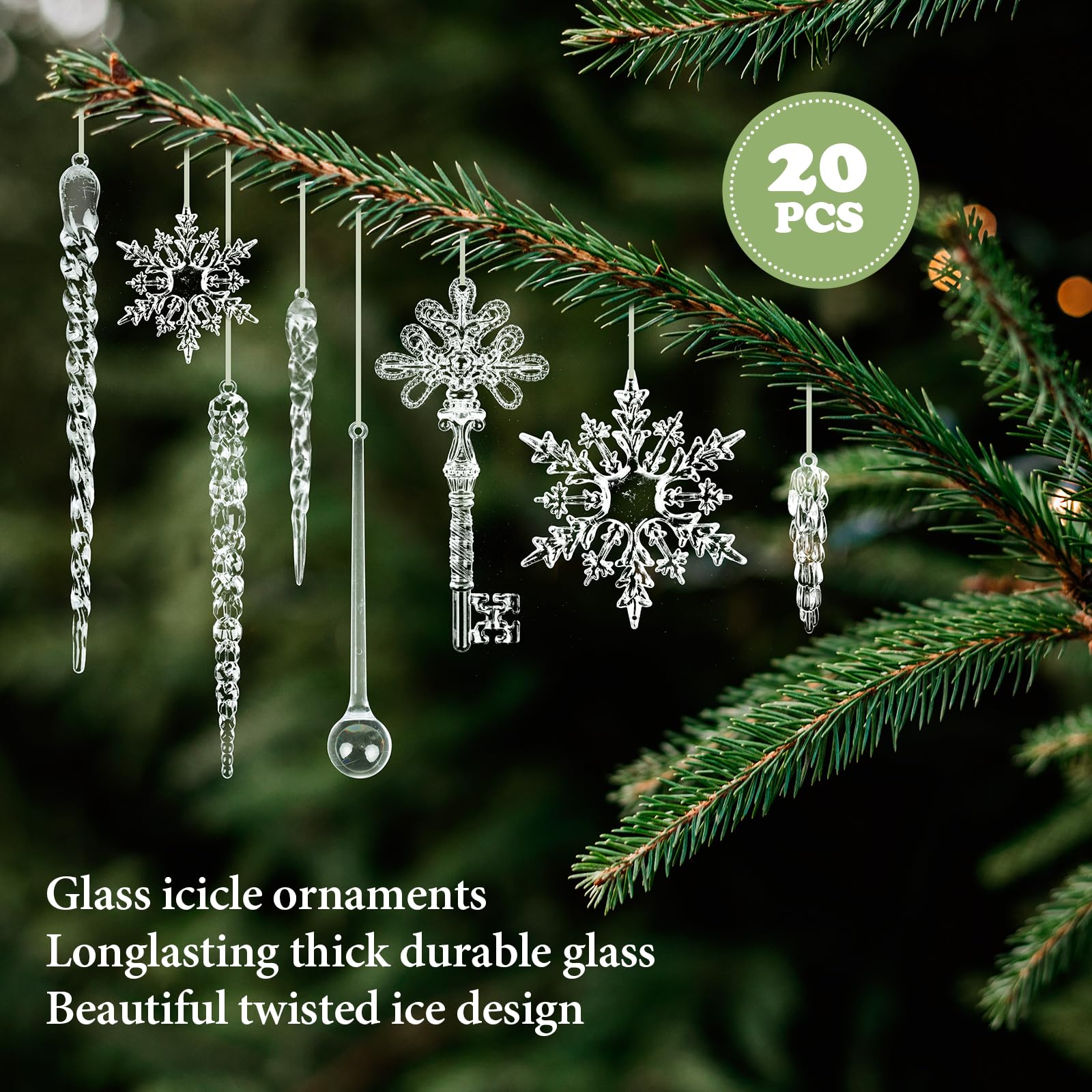 20 Pcs Acrylic Icicles Clear Snowflake Hanging Icicles Simulated Ice Stick Christmas Icicle Ornaments Set for Christmas Tree Pendant Christmas Decorations