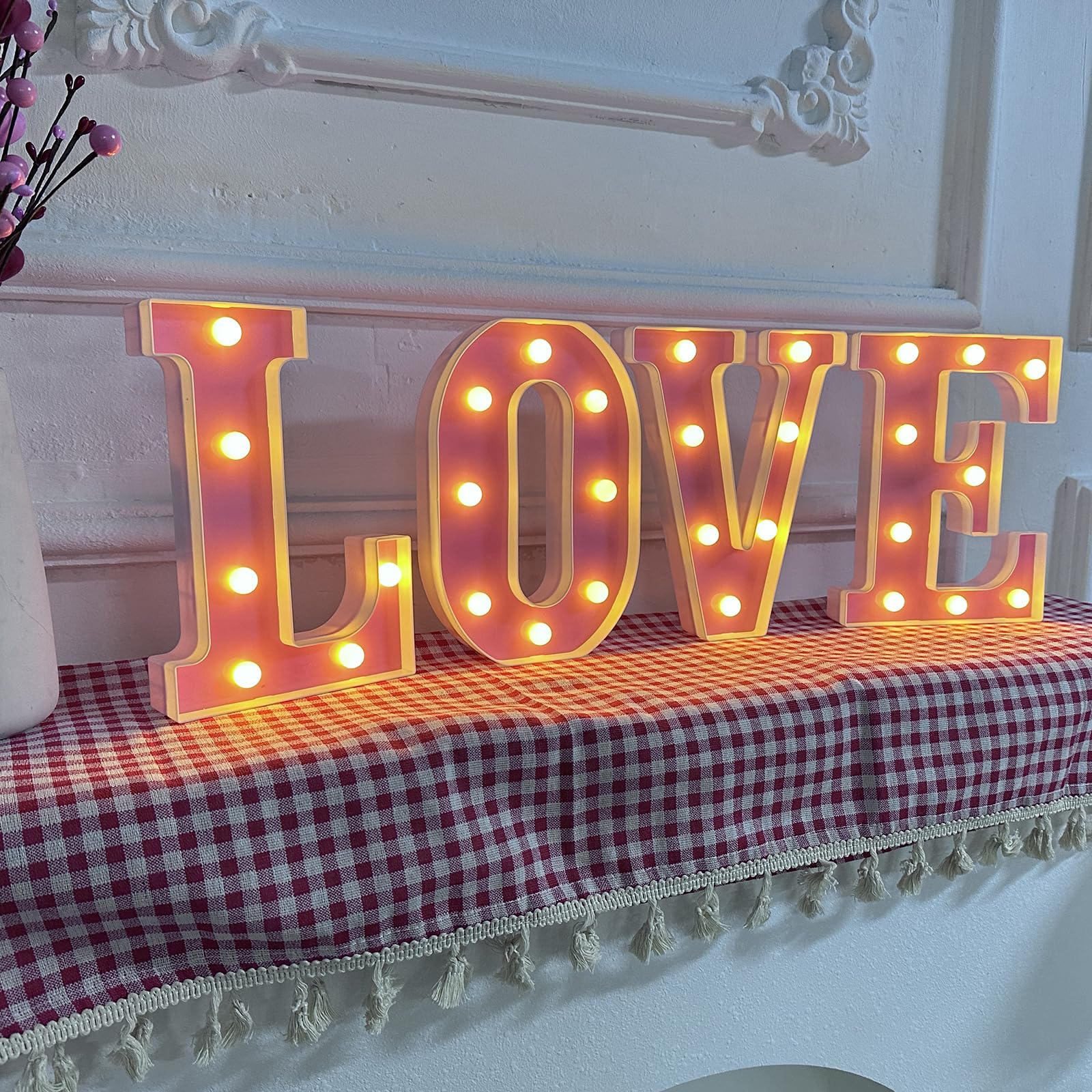 Valentines Day Decorations -4 LED Marquee Light Up Letters "LOVE" for Home Valentines Shelf Mantel Fireplace Tabletop Wedding Party Decorations