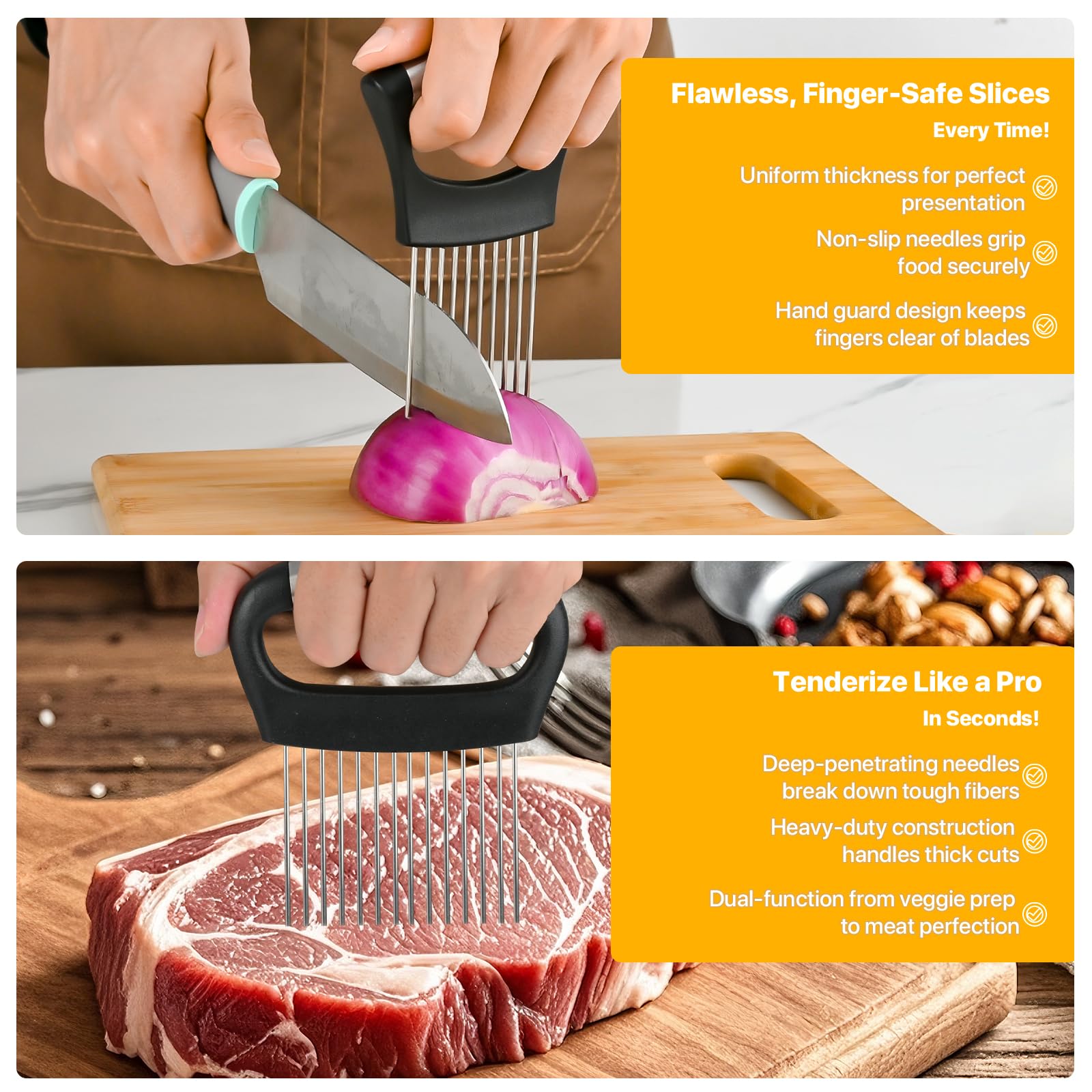 【2 PCS】Onion Holder for Slicing - Stainless Steel Vegetable & Fruit Cutter Chopper for Onions, Tomatoes, Avocados, Potatoes, Eggs, Meat & Lemon - Kitchen Slicer Assistant with Neat Guide & Tenderizer.