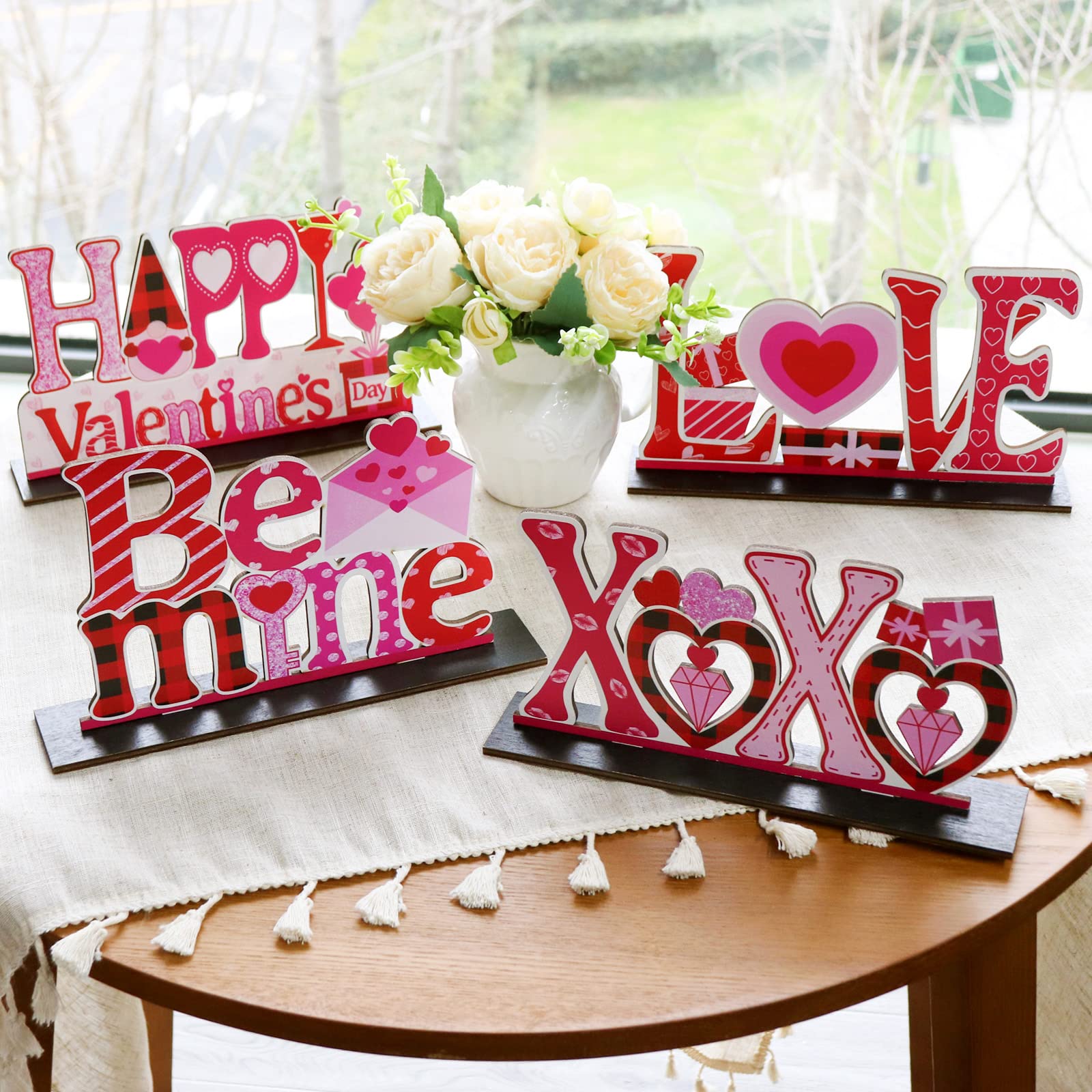 Valentines Day Decor Love Tabletop Centerpiece Signs, 4Pcs Valentines Day Deacor Wooden Table Sign, Romantic Valentines Day Decorations for the Home Table Decor Valentines Day Gifts