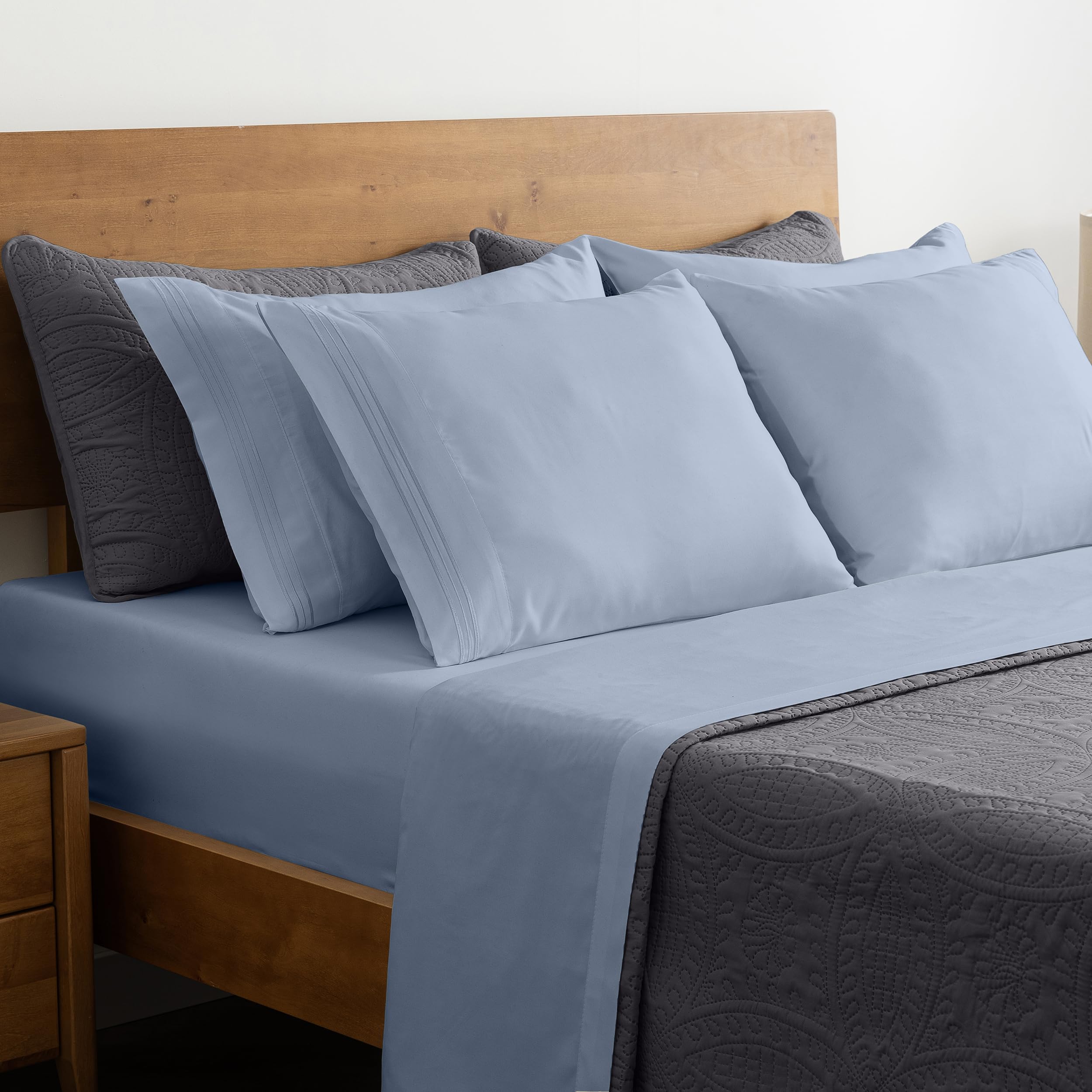 Mellanni Bedspread Coverlet Set + 6PC Sheets Set Bundle&Save - Iconic Collection Bedding - Bundle Includes: 3 Piece Oversized Quilt Set and 6 Piece Bed Sheet Set (King, Gray/Blue Hydrangea)