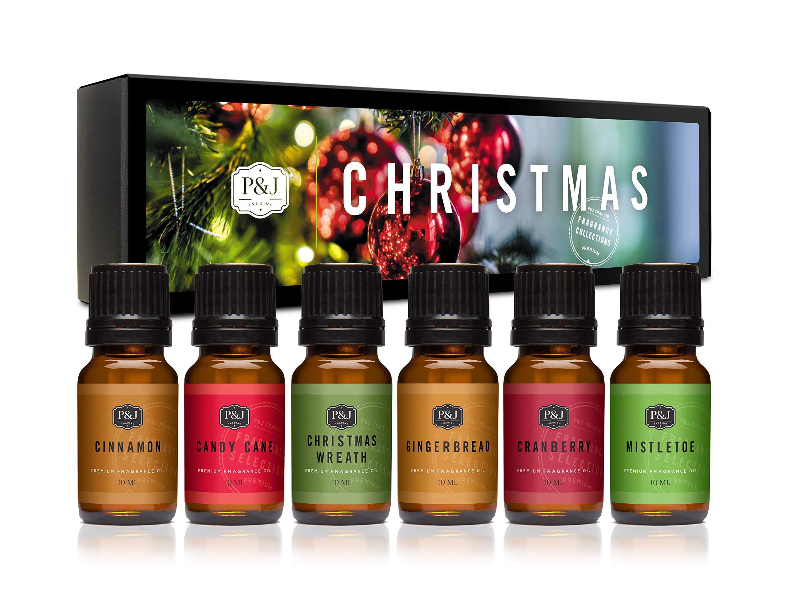 P&J Fragrance Oil Christmas Set | Christmas Wreath, Mistletoe, Candy Cane, Gingerbread, Cinnamon, and Cranberry Candle Scents, Freshie Scents, Candle/Soap Making Supplies