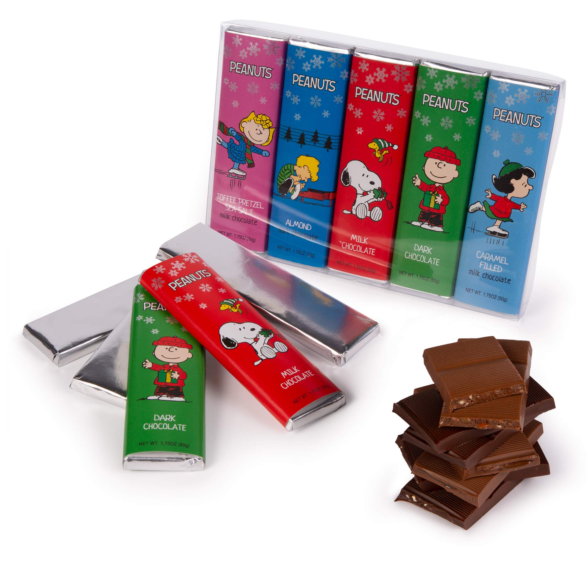 Peanuts Chocolate Christmas Variety Pack, Snoopy Gourmet Bar Snack Set, Charlie Brown Gifts for Kids, 1.75oz 5-Bar Rich Belgian Chocolate Holiday Box, Kosher Candy, Prime Delivery