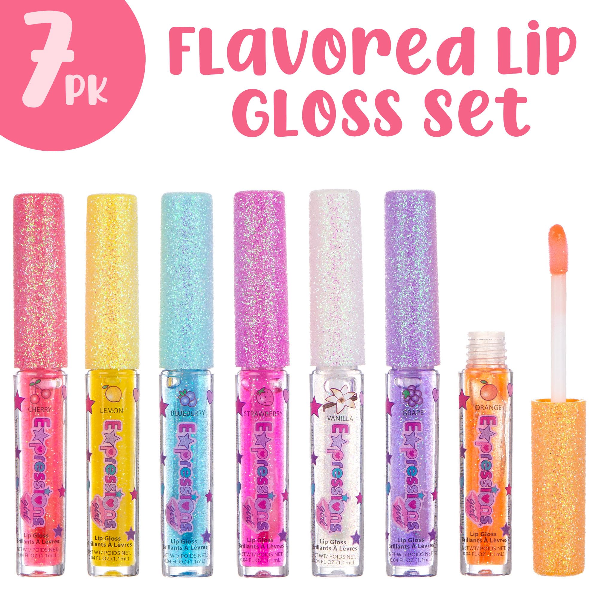 Expressions 7pc Fruity Flavored Lip Gloss Set - Lip Gloss in Assorted Fruity Flavors, Non Toxic Makeup for Kids & Teens