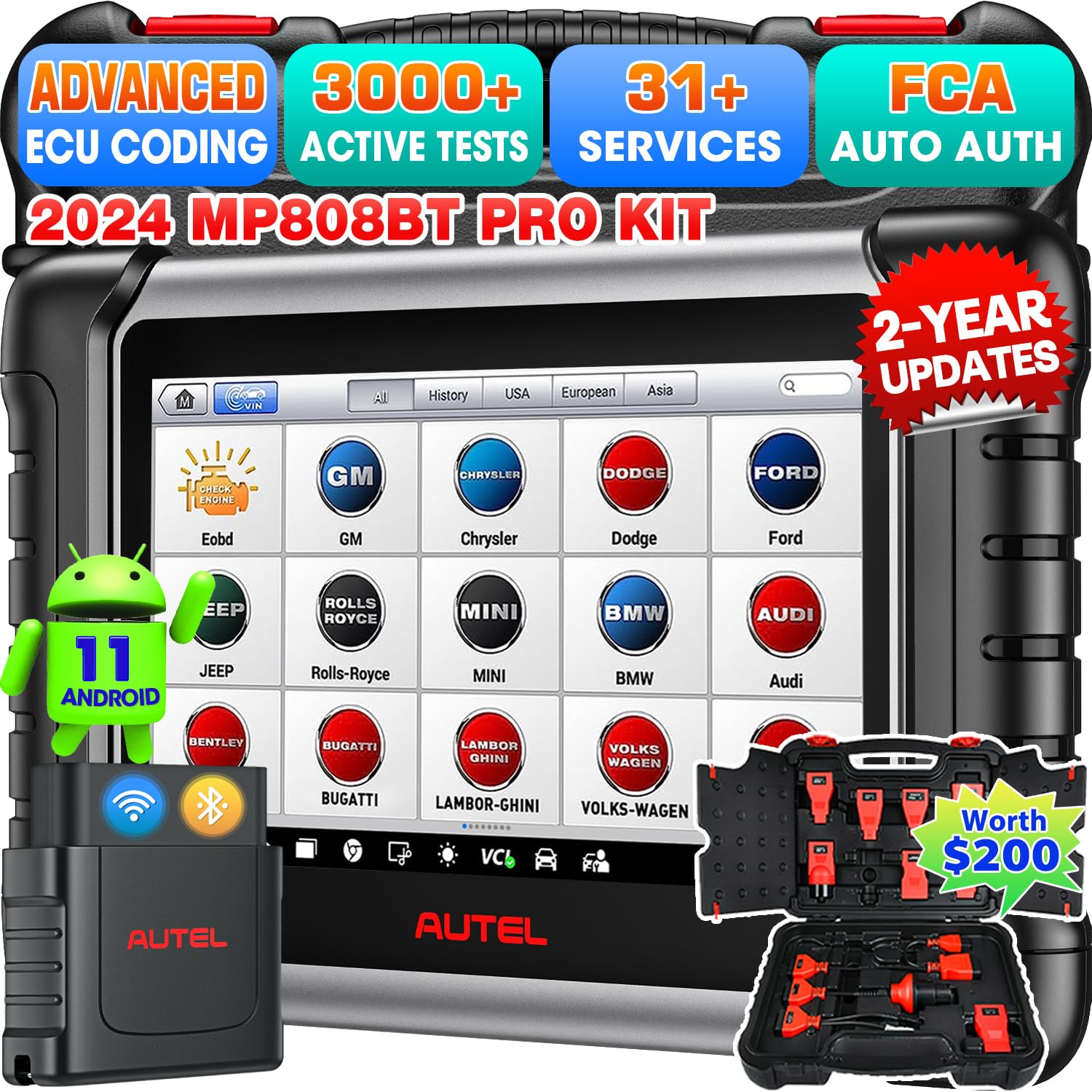 Autel MaxiPRO MP808BT PRO KIT: 2 Year Updates($700), ($200)Full 11 Adapters, 2024 OE ECU Coding as MP900BT MS906 PRO, Upgrade of MK900BT MX900, 3000+ Bidirectional, 30+ Service, FCA Renault SGW, OS 11