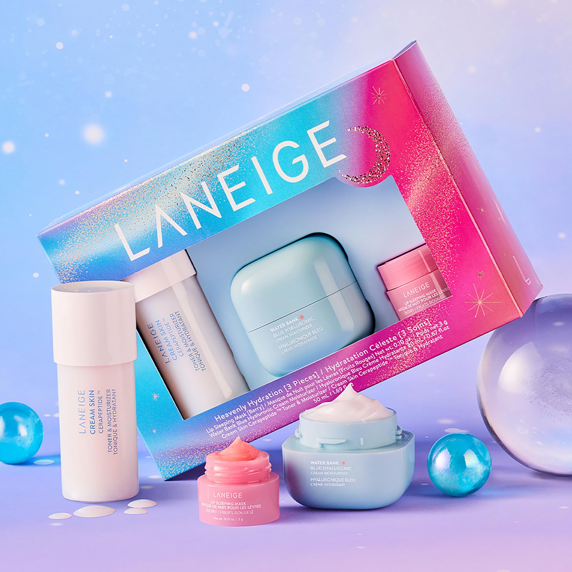 LANEIGE Heavenly Hydration Set: Cream Skin, Water Bank Cream, Lip Sleeping Mask, Water Sleeping Mask, Travel Size, Full Size, Hydrate, Barrier-Boosting