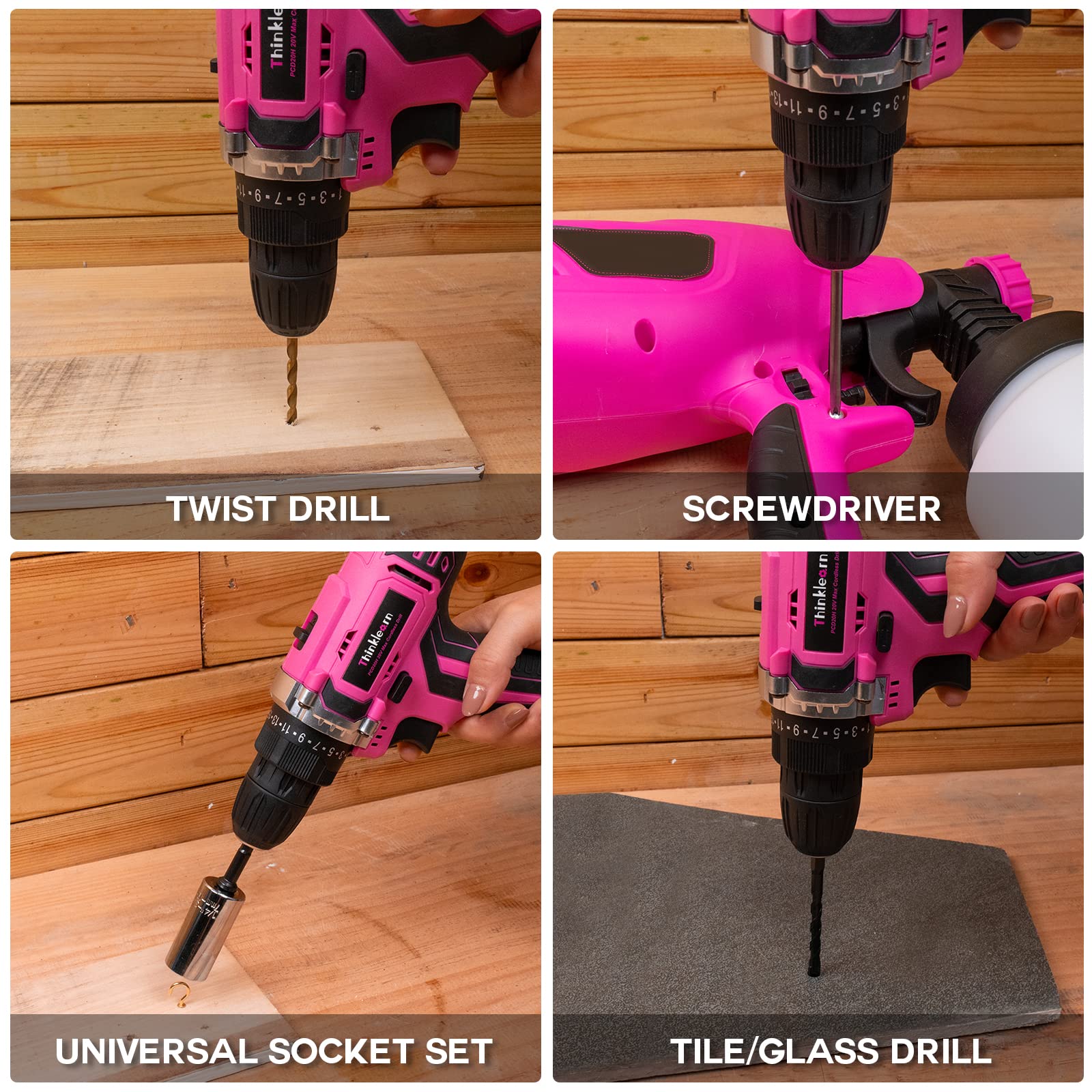 Pink Cordless Drill Set, 20V Lithium-ion Power Drill Set for Women with 67Pcs Driver Bits, 3/8"Keyless Chuck, 25+1 Position, 2.0Ah Battery, Charger and Storage Bag Included