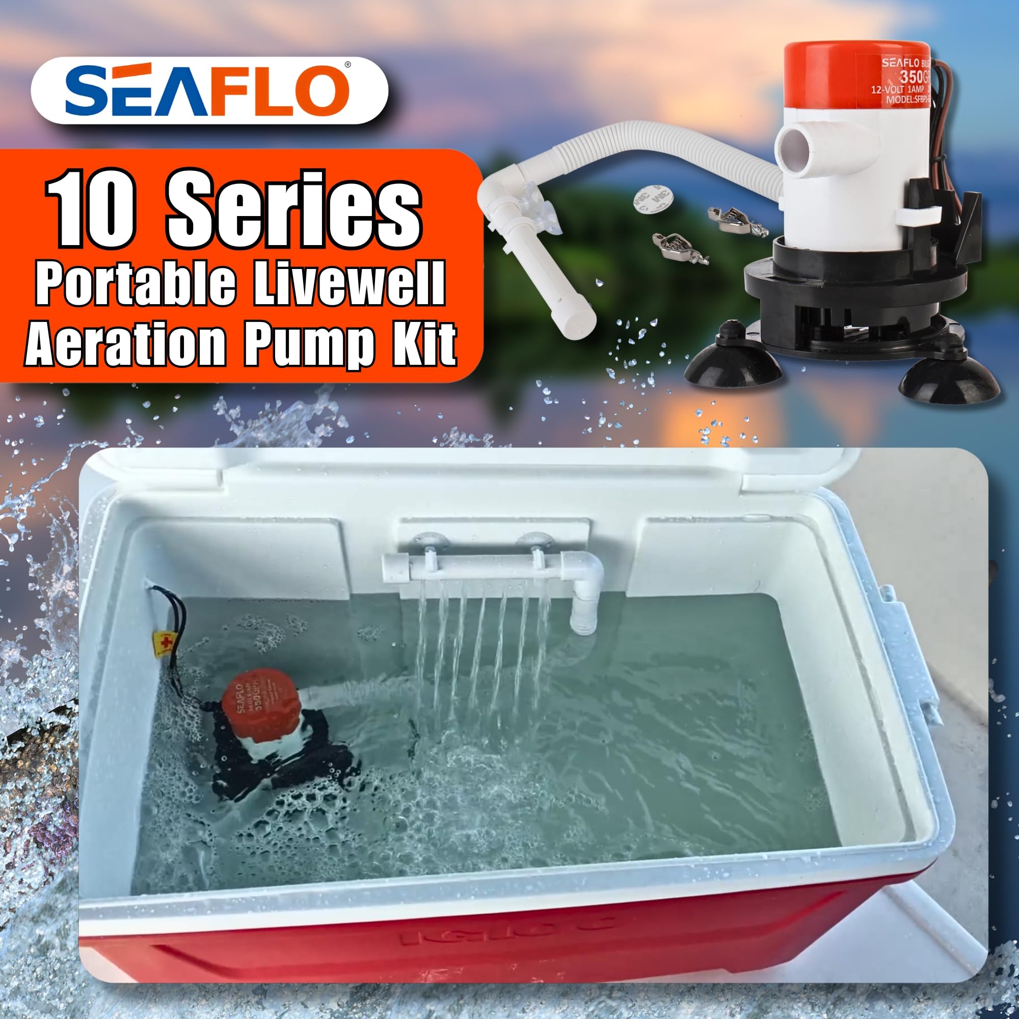 SEAFLO 10 Series Portable Livewell Aerator Kit - 12V, 350 GPH, Bait Pump, Submersible, Corrosion-Resistant, Efficient Oxygenation, Fresh/Saltwater Use, CE & ROHS Certified, 4-Year Warranty