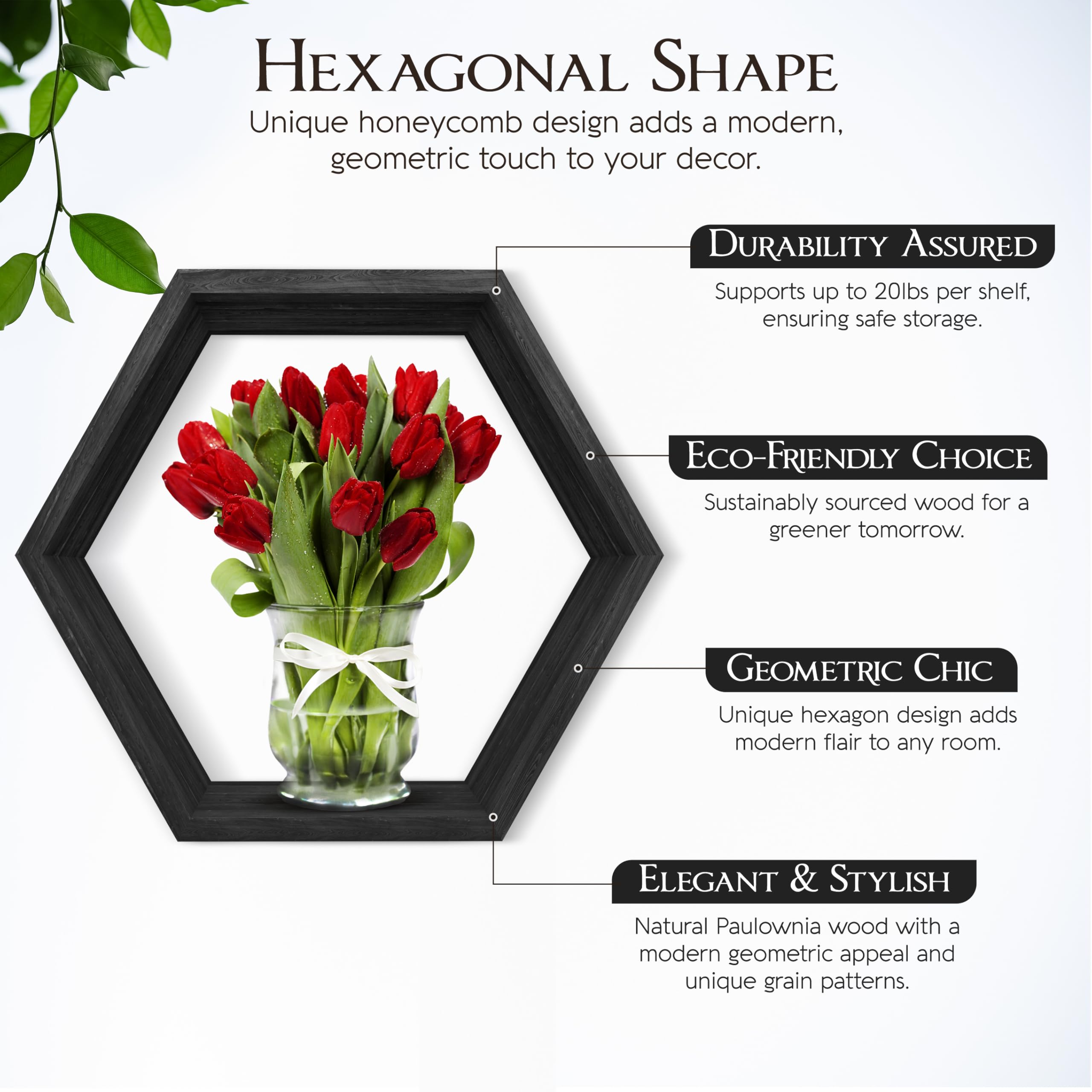 Decovate Hexagon Floating Shelves Set of 6 Honeycomb Shelves for Wall, Wooden Hexagon Shelves for Farmhouse Storage (Carbonized Black)