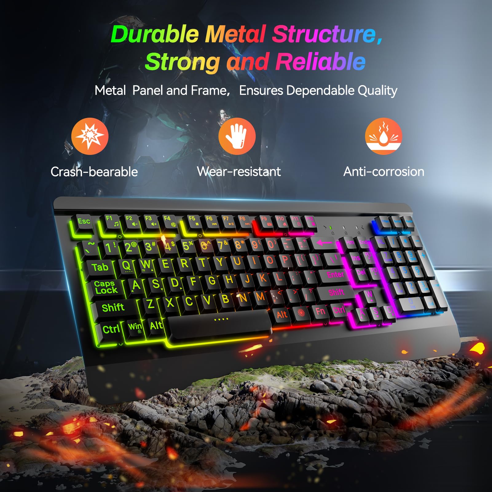 Gaming Keyboard with Large Print Keys, 7-Color Rainbow LED Backlit, Quiet Light Up Computer Keyboard with All-Metal Panel, Wrist Rest, Anti-Ghosting Multimedia Keys, USB Wired Keyboard for PC Mac Xbox